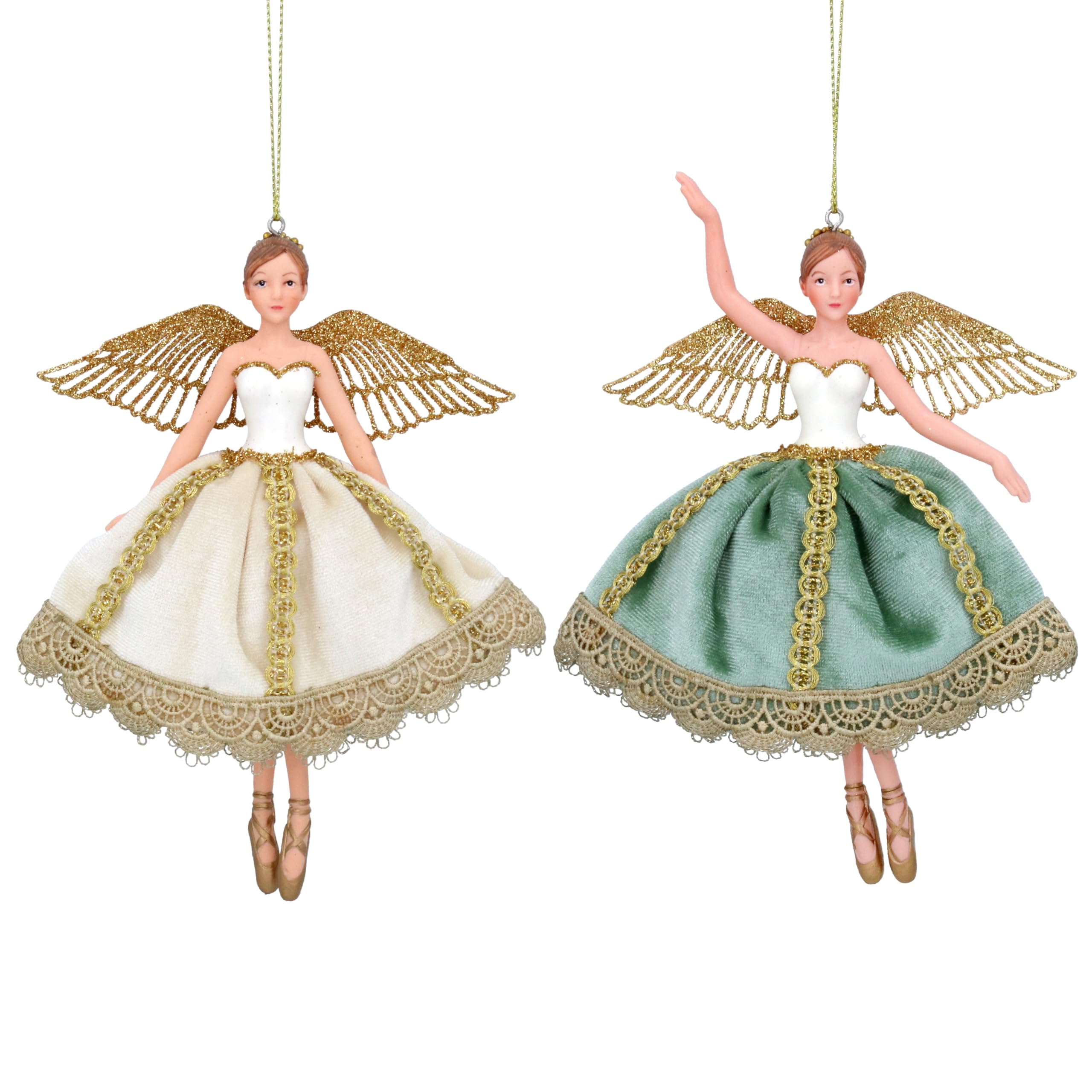 Gisela GrahamFairy in Cream Gold & Green Fabric& Resin 14 Centimetre Fairy Decoration, set of 2 Assorted