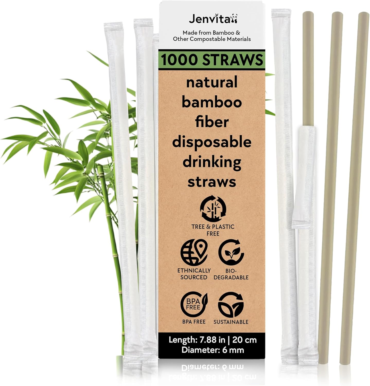 Bamboo Powder Straws Biodegradable (1000-Pack) - 7.88" Disposable Individual Wrapped Straws | 100% Compostable | Durable & All Natural | Made for Hot & Cold Drinks, Commercial or Home Use