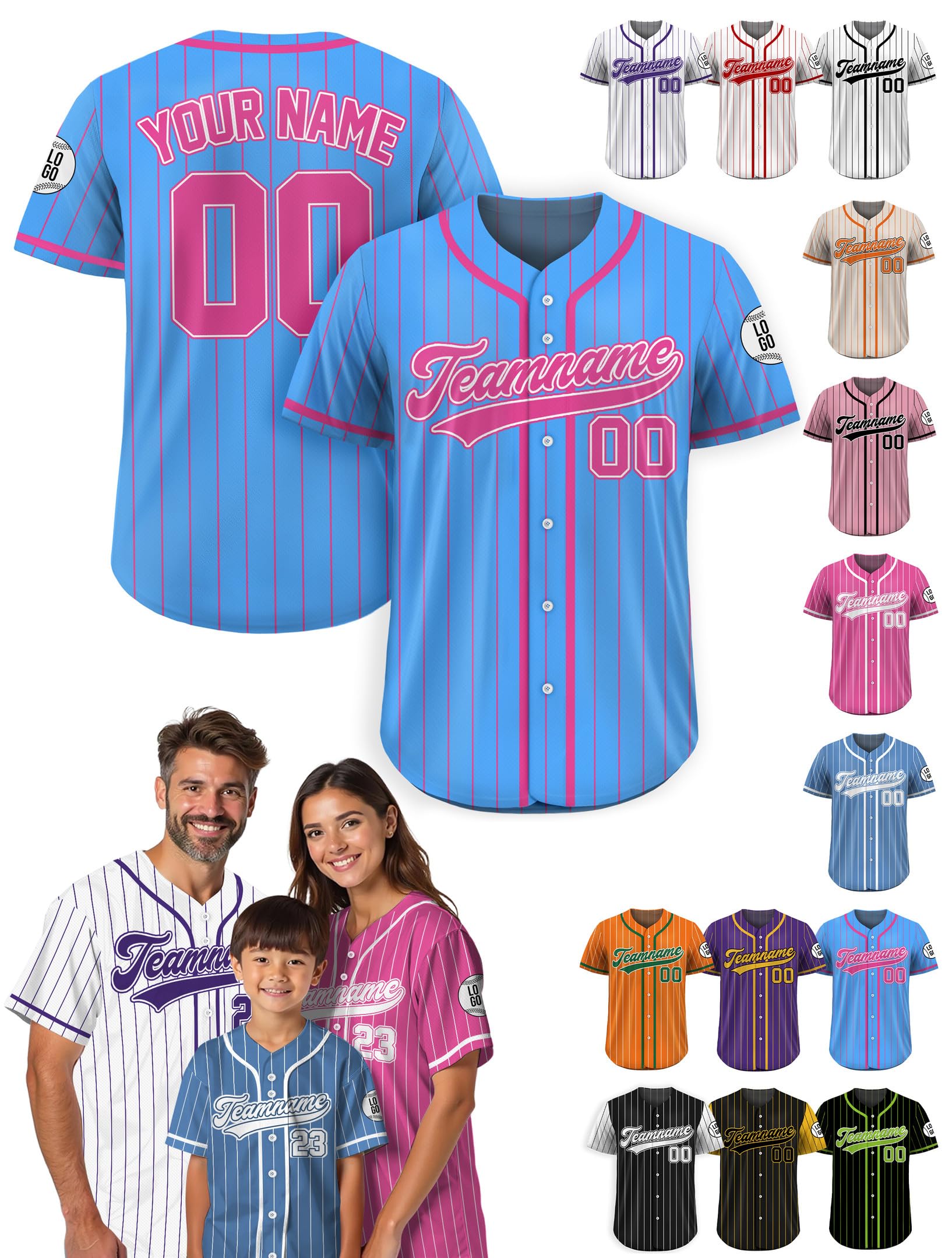 Custom Baseball Jersey – Personalized Name, Number & Logo, Pinstripe Button Up Jersey for Men, Women, Youth, Toddlers