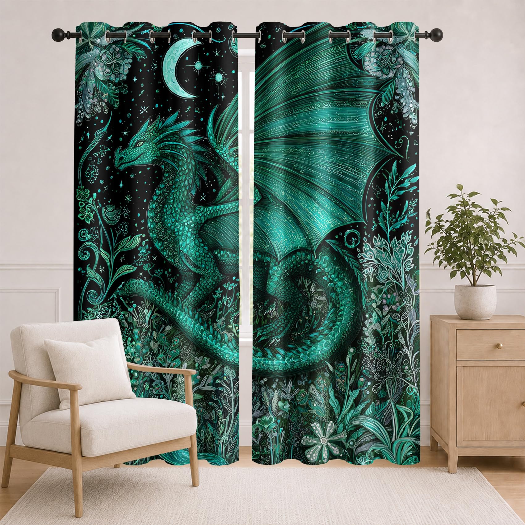 Rideau Occultant Dragon Vert Rideaux Thermiques Motif Botanique pour Salon Chambre, Lot de 2 Rideaux et Draperies Intérieurs à Oeillets, 140x160 cm (LxH)