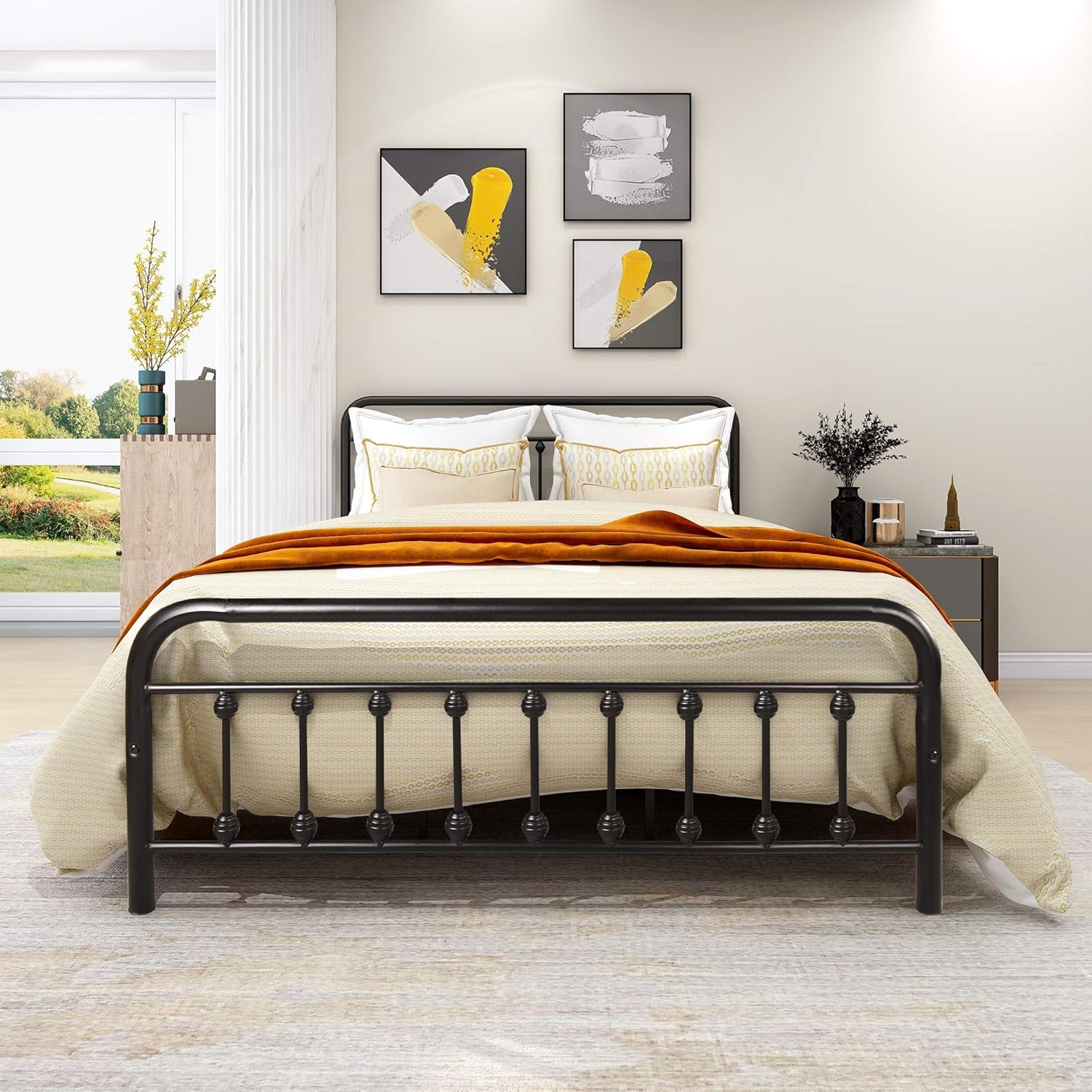 Queen Bed Frame with Headboard, Metal Bed Frame Queen Size Vintage Sturdy/Mattress Foundation/No Box Spring Needed/Black/