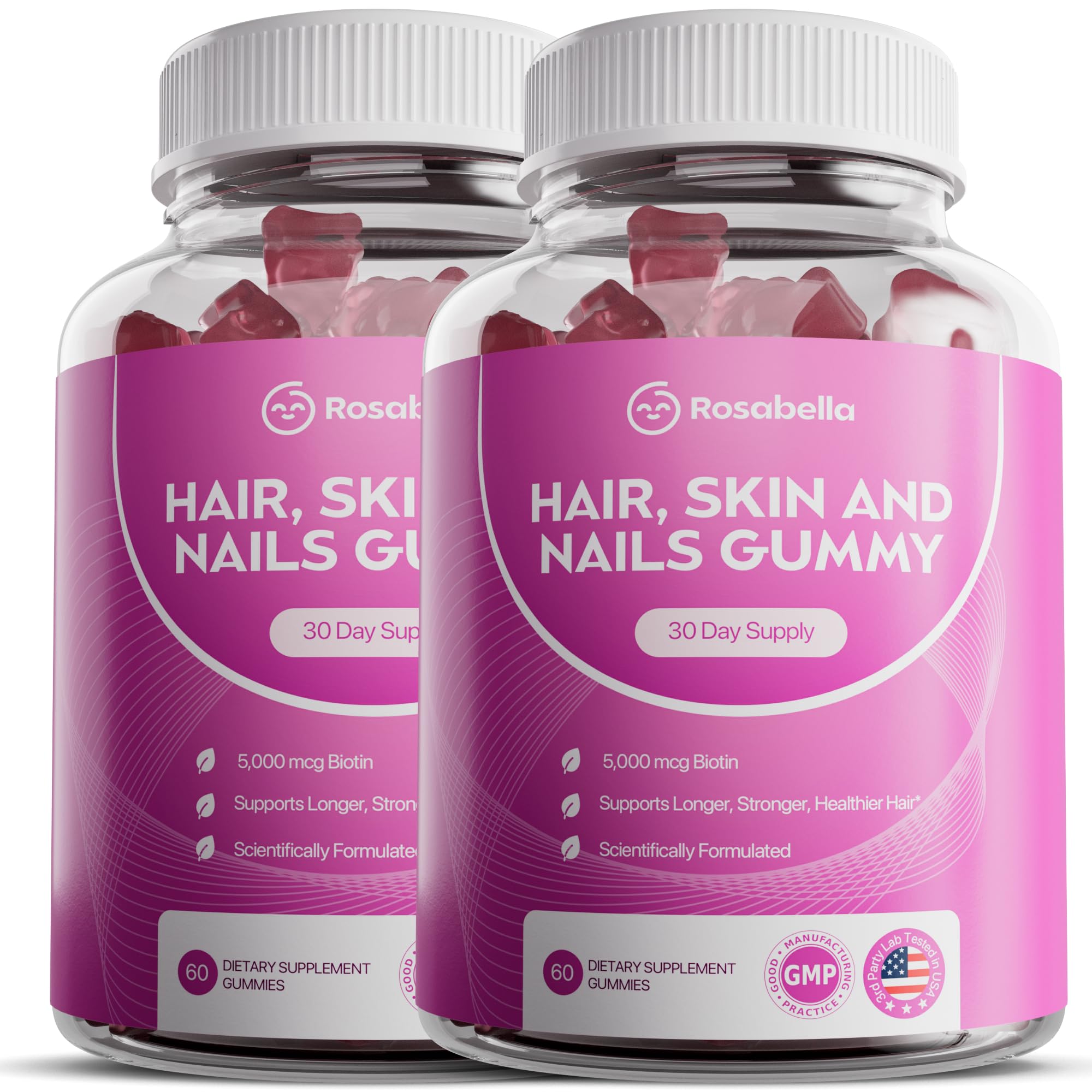Rosabella Hair Growth Gummies for Women &amp; Men – Vegan Hair Gummies with 5000mcg Biotin – Hair Vitamins for Strong, Healthy-Looking Hair – Gummy Biotin Supplement (60 Count (Pack of 2))