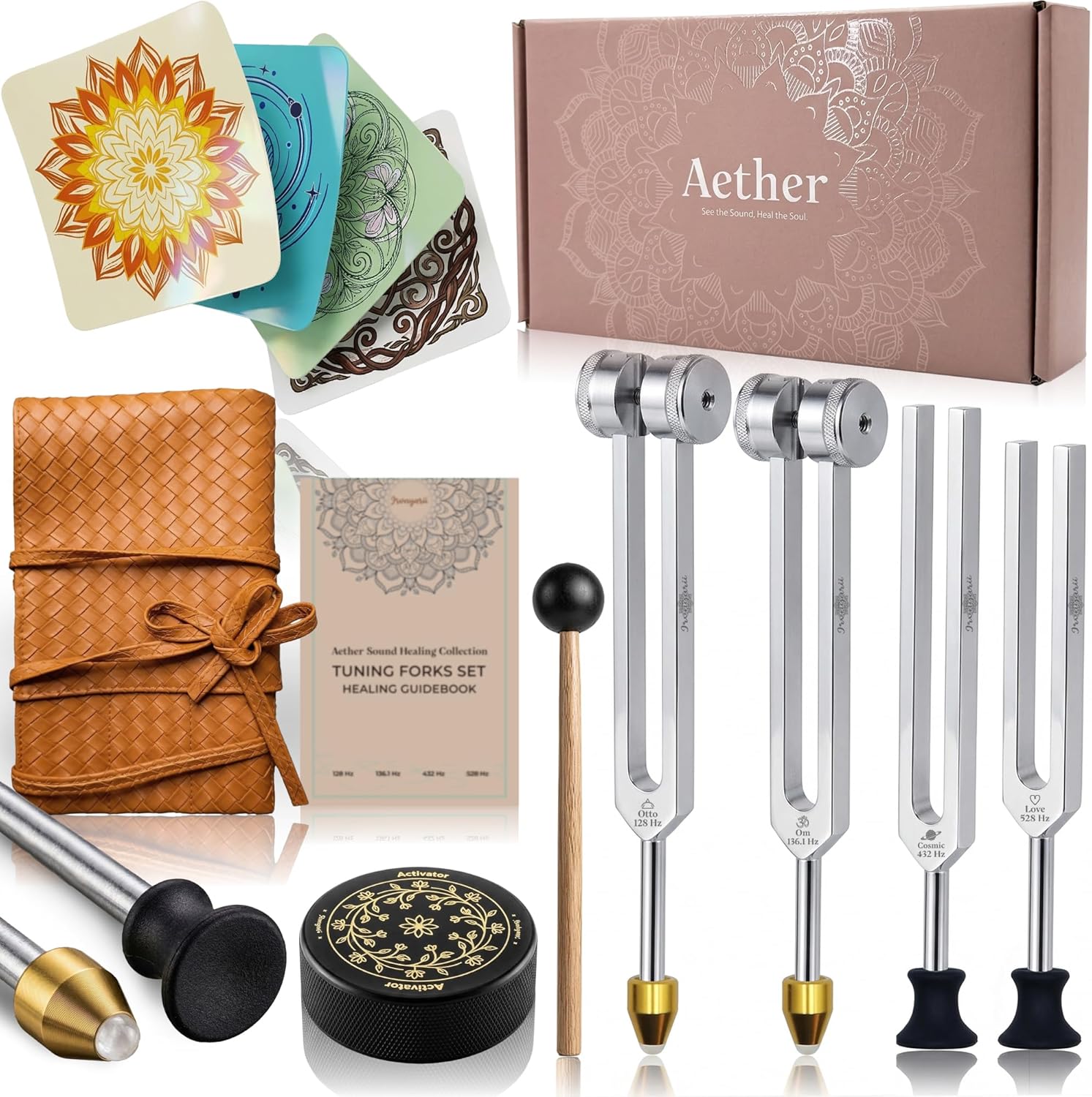 Tuning Forks for Healing Set - 4 Frequencies (128Hz, 136.1Hz, 432Hz, 528Hz) with Gem Foot, Visual Mandala Cards - Premium Sound Therapy Kit for Mindful Relaxation, Anxiety Relief & Holistic Wellness