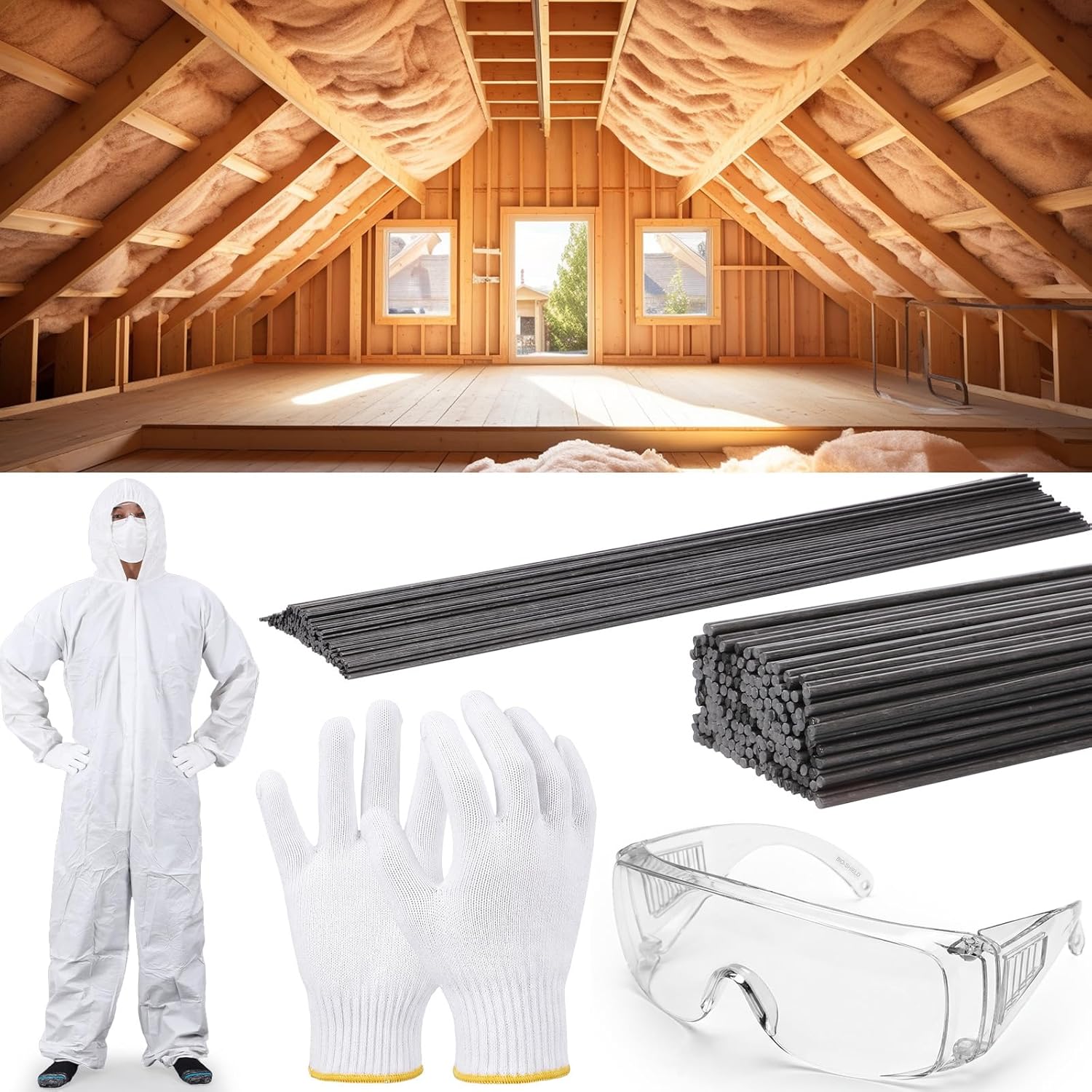 Frienda 203 Pcs 16 Inch Insulation Support Wire Carbon Steel Insulated Metal Wire with Hooded Protective Suit Gloves Safety Glasses for Attic Ceiling Garage Wall Insulation Hangers Work