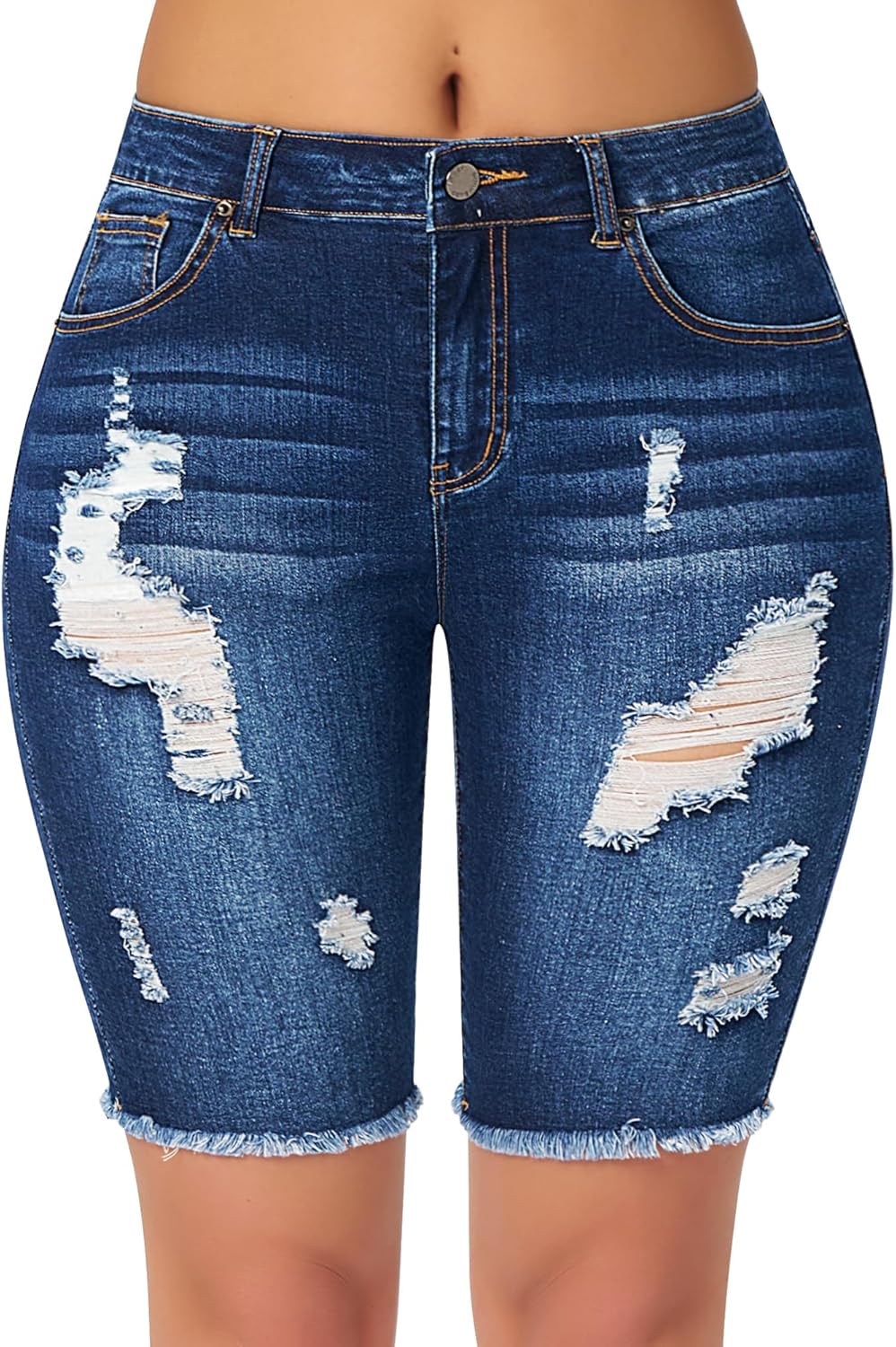 roswear Women's Bermuda Shorts Distressed High Waisted Denim Jean Shorts with Frayed Hem