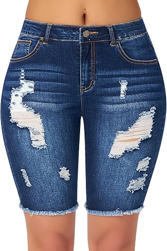 roswear Womens Bermuda Shorts Distressed High Waisted Denim Jean Shorts with Frayed Hem
