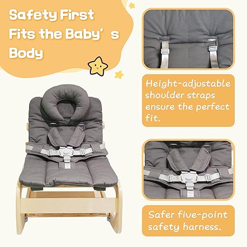 Miniatura 5 de Mecedora para bebé, ajustable para bebé, silla mecedora de madera 3 en 1 con arnés de 5 puntos, asiento para bebés y niños pequeños, color gris
