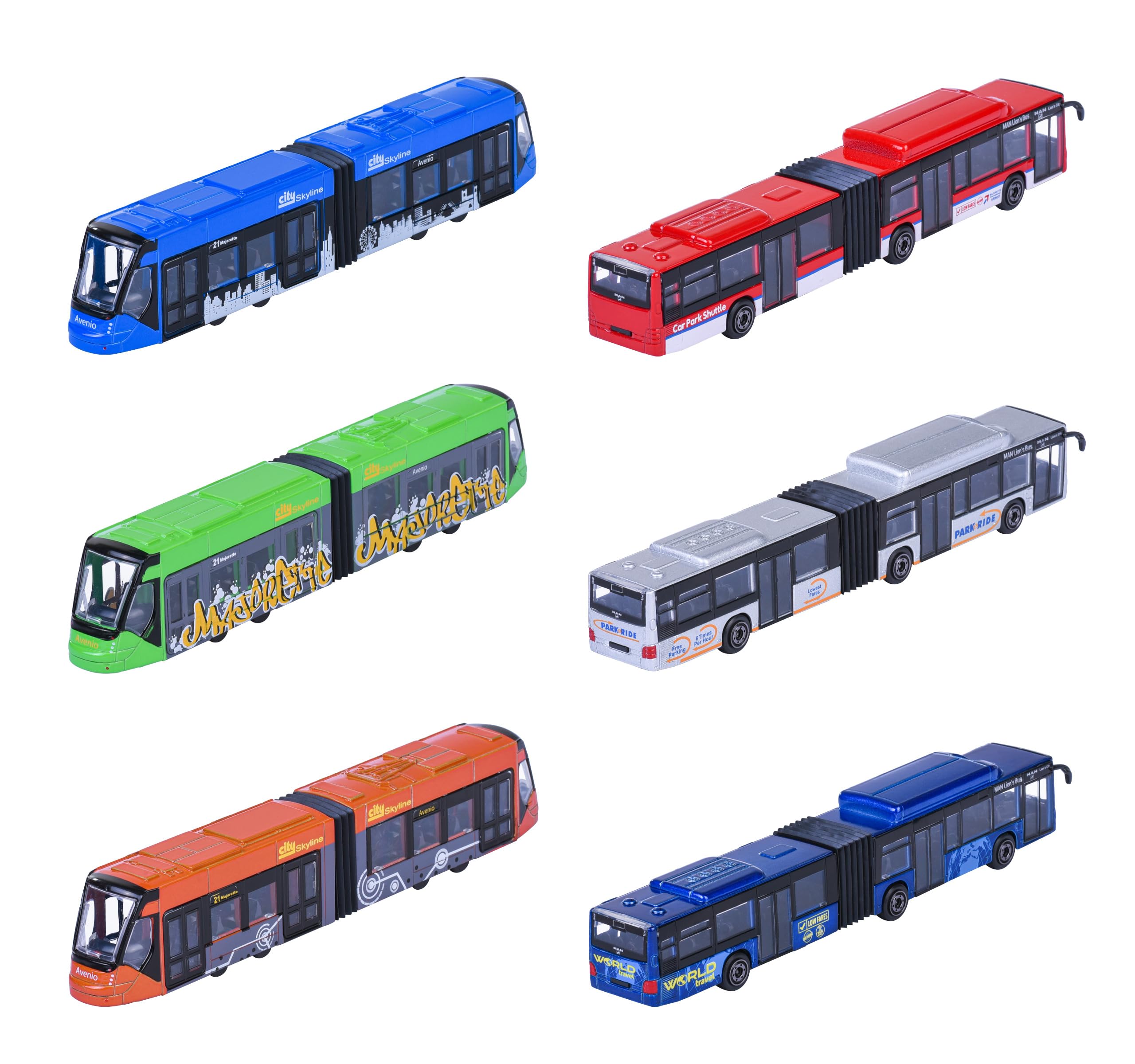 Majorette MAN City Bus lub Avenio Tram (1 model samochodu) – autobus zabawkowy lub tramwaj z metalu z wolnym biegiem, losowy wybór spośród 6 modeli pojazdów dla dzieci od 3 lat, każdy ok. 20 cm