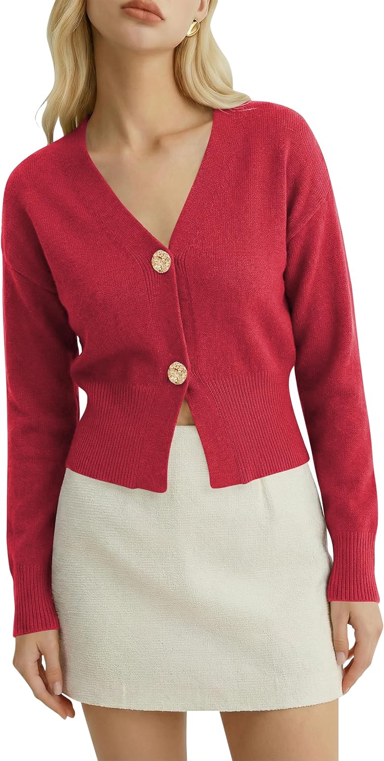 Women’s Spring V Neck Cardigan Lightweight Cropped Button Down Knit Sweater for Layering,Office Casual Wear