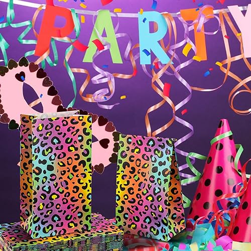 Miniatura 5 de Leinuosen 24 bolsas de papel de leopardo arcoíris neón, guepardo, regalo de fiesta de cumpleaños, guepardo, bolsas de papel para regalo de leopardo,