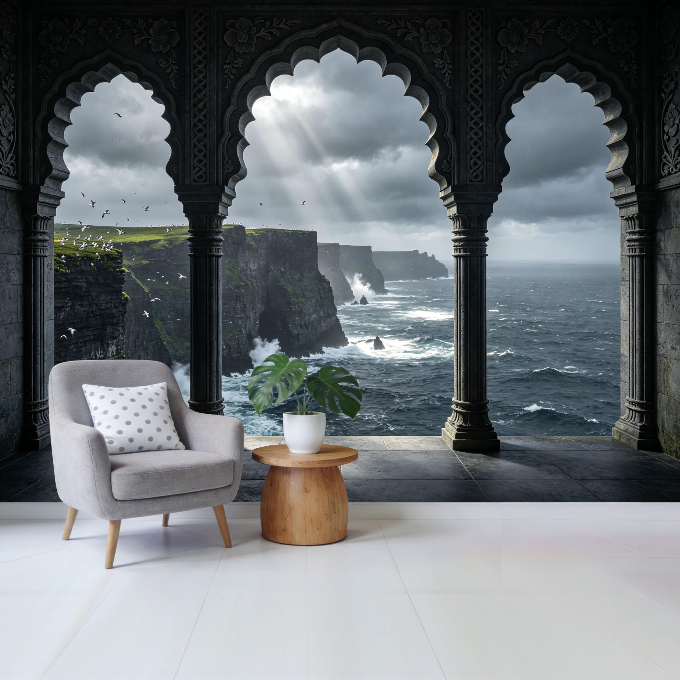 Custom Size Wall Mural Coastal Cliff Ocean View Through Stone Archway Landscape Removable Self Adhesive Fabric Home Wall Decor for Living Room Bedroom Bathroom