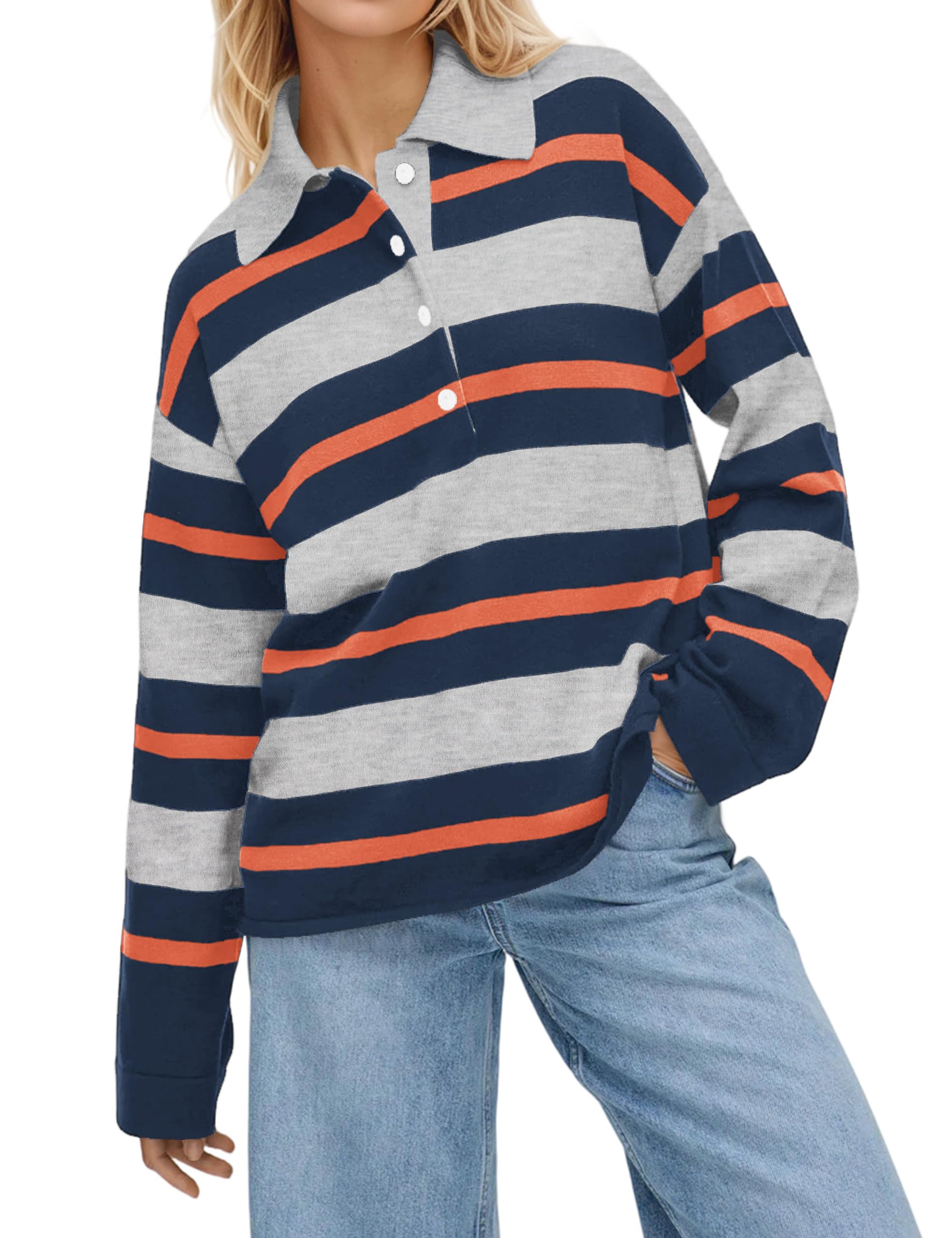 Women Striped Color Block Polo Sweater Lapel Collared Long Sleeve Knit Rugby Shirt Fashion Fall Clothes