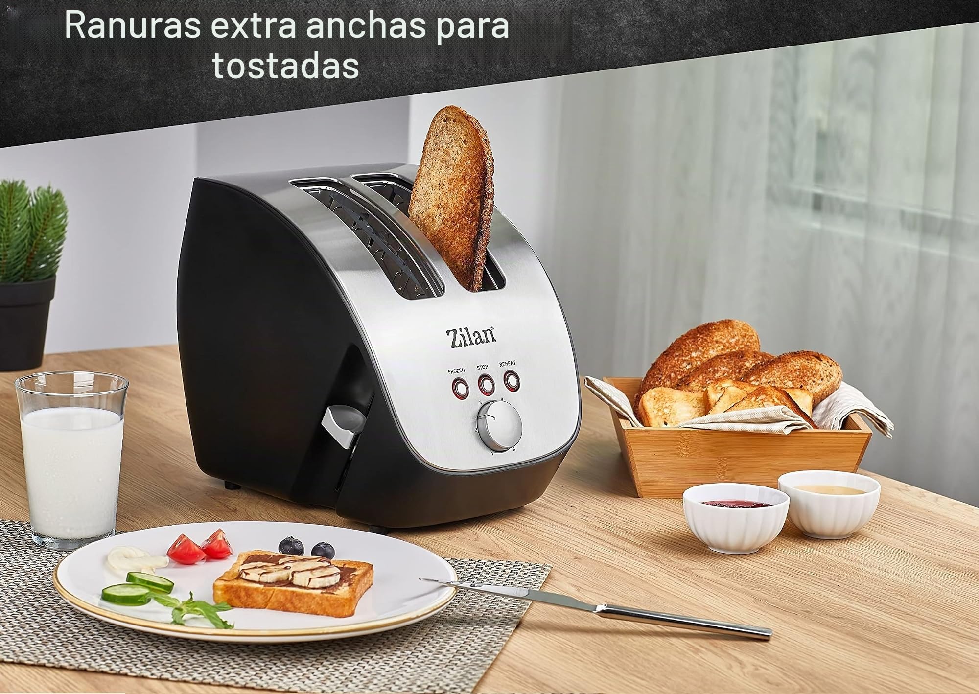 Tostadora con Carcasa de acero inoxidable | 2 rebanadas | Diseño oblicuo | Máquina para tostar | 1000 W | Ajustable sin niveles | INOX