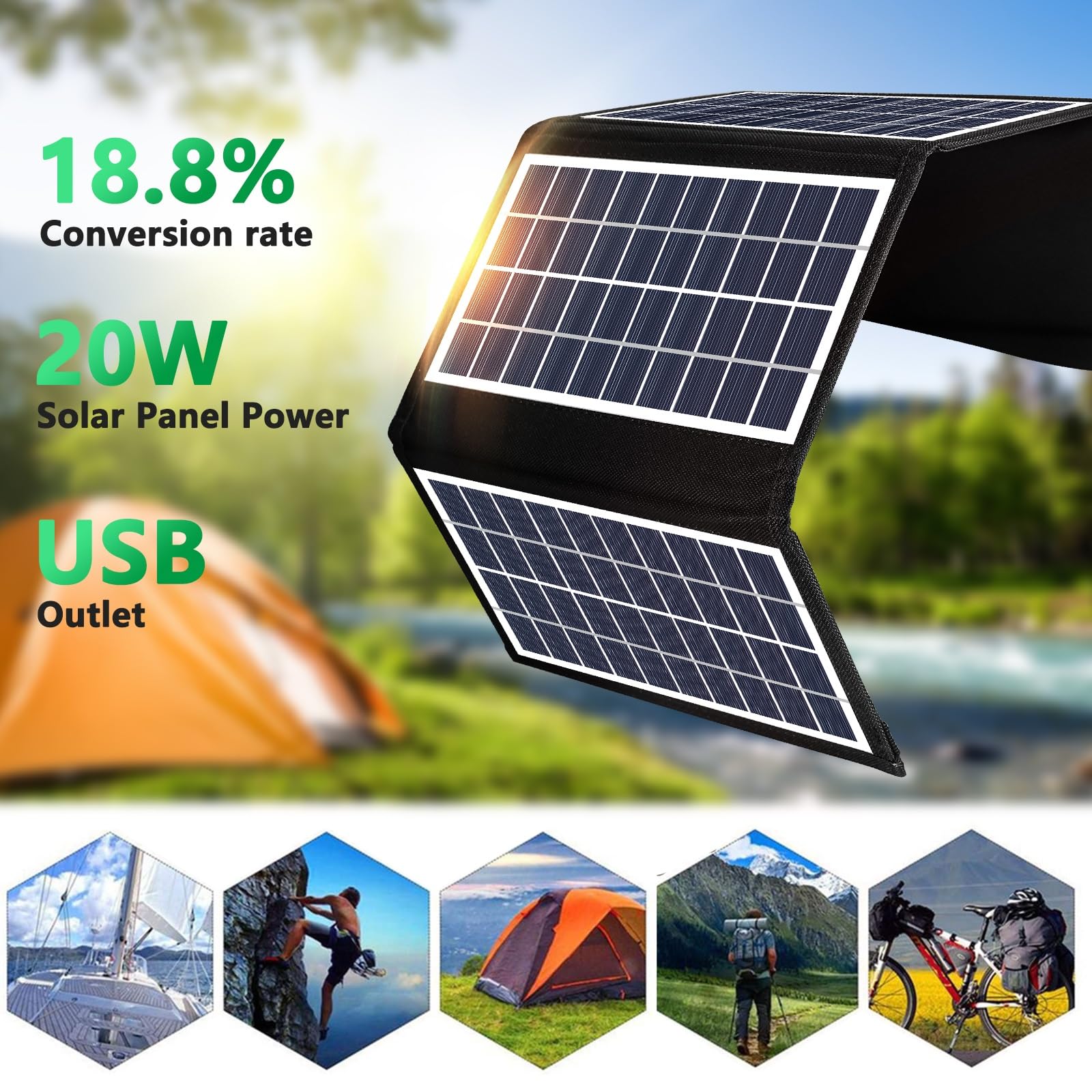 Jadeshay 20W Solar Ladegerät 5V Dual-USB-Ausgang Solarpanel Faltbar Solarladegerät Für Handy, Solar Powerbank für Smartphone Camping