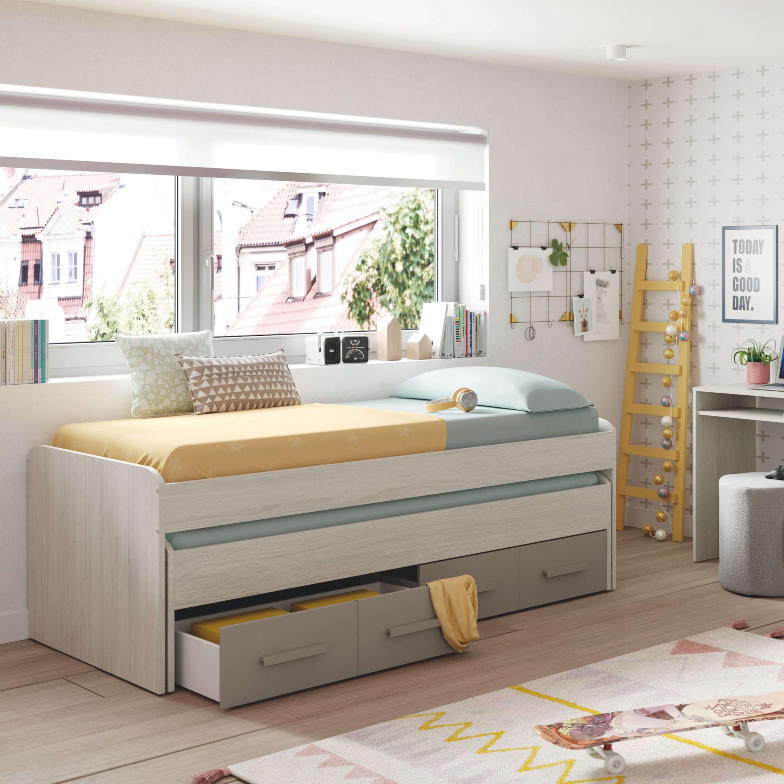 Habitdesign Cama Nido Juvenil, 2 Camas y 2 cajones, Modelo Ares, Acabado en Color Blanco Alpes y Basalto, Medidas: 198 cm (Ancho) x 69 cm (Alto) x 96 cm (Fondo)