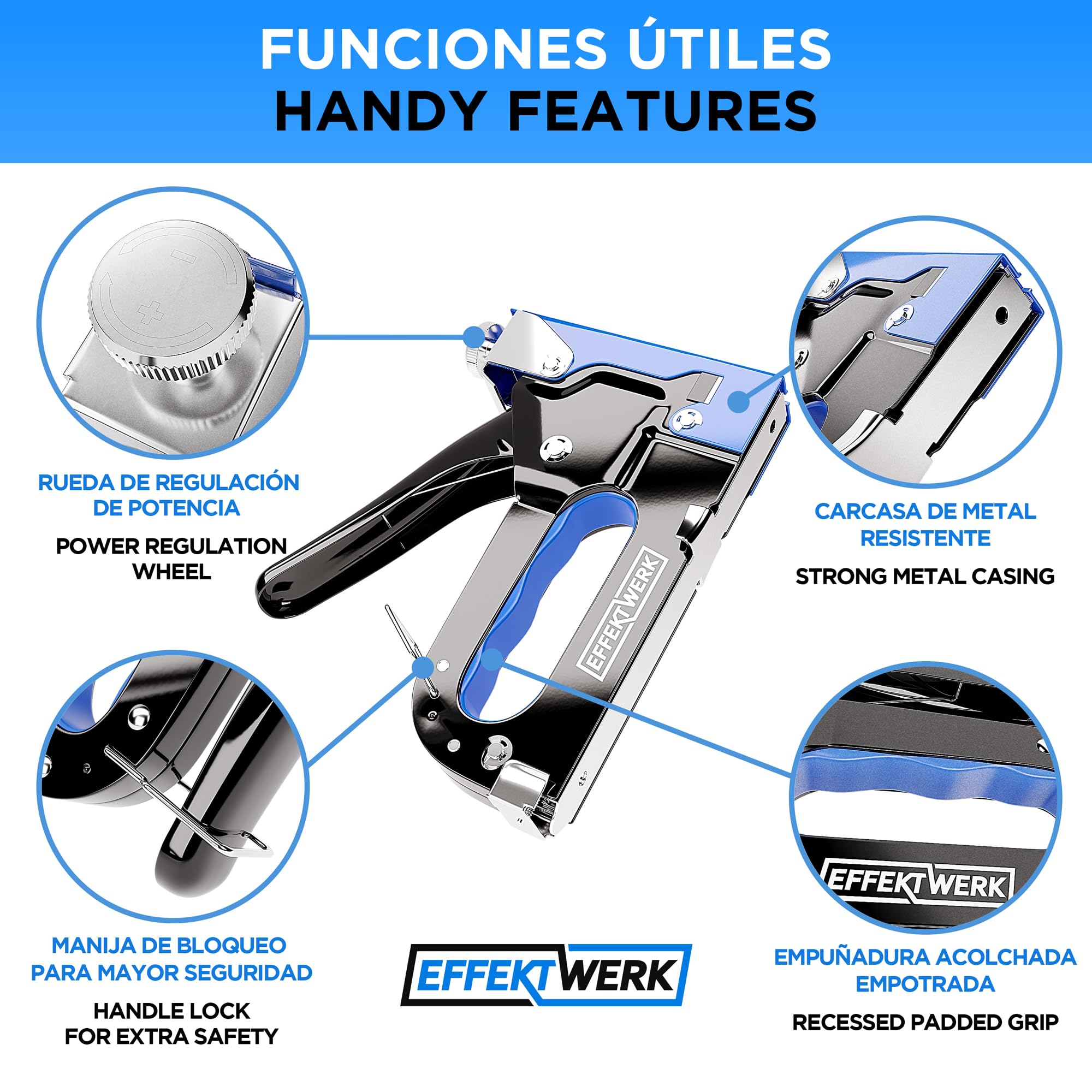 Set de Grapadora 5 en 1 - Grapadora de Alta Resistencia + 1500 Grapas + Quitagrapas para Madera, Tela, Malla Metálica - Construcción, Manualidades, Tapicería