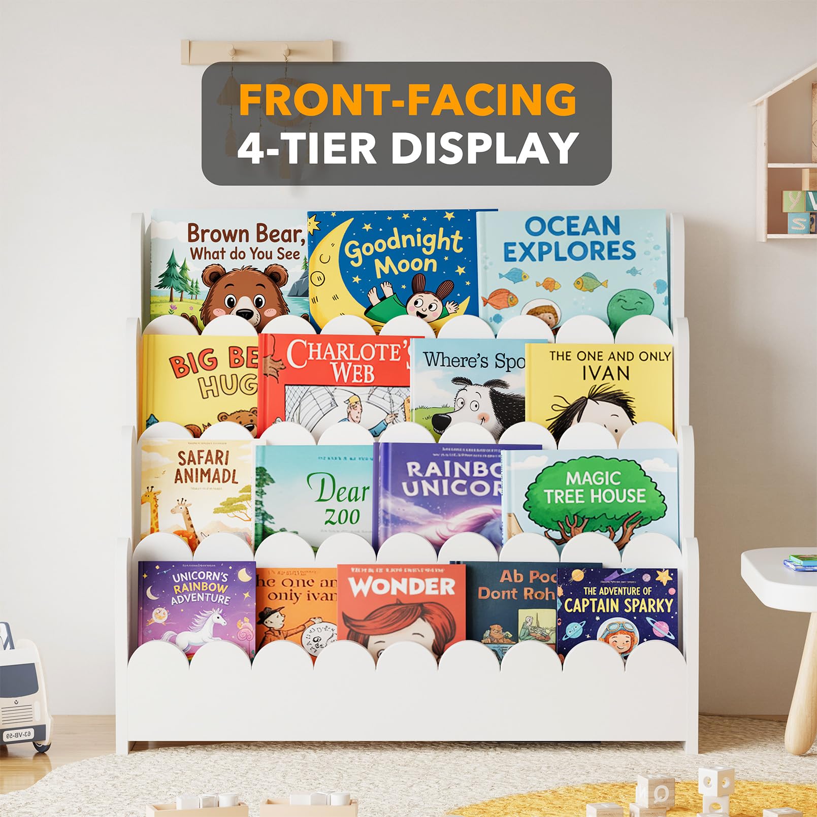 SpaceAid Libreria Montessori a 4 ripiani, libreria smerlata per bambini, in legno, per la camera dei bambini, la stanza dei giochi, la scuola materna e l'aula, larghezza 75,2 cm, bianco