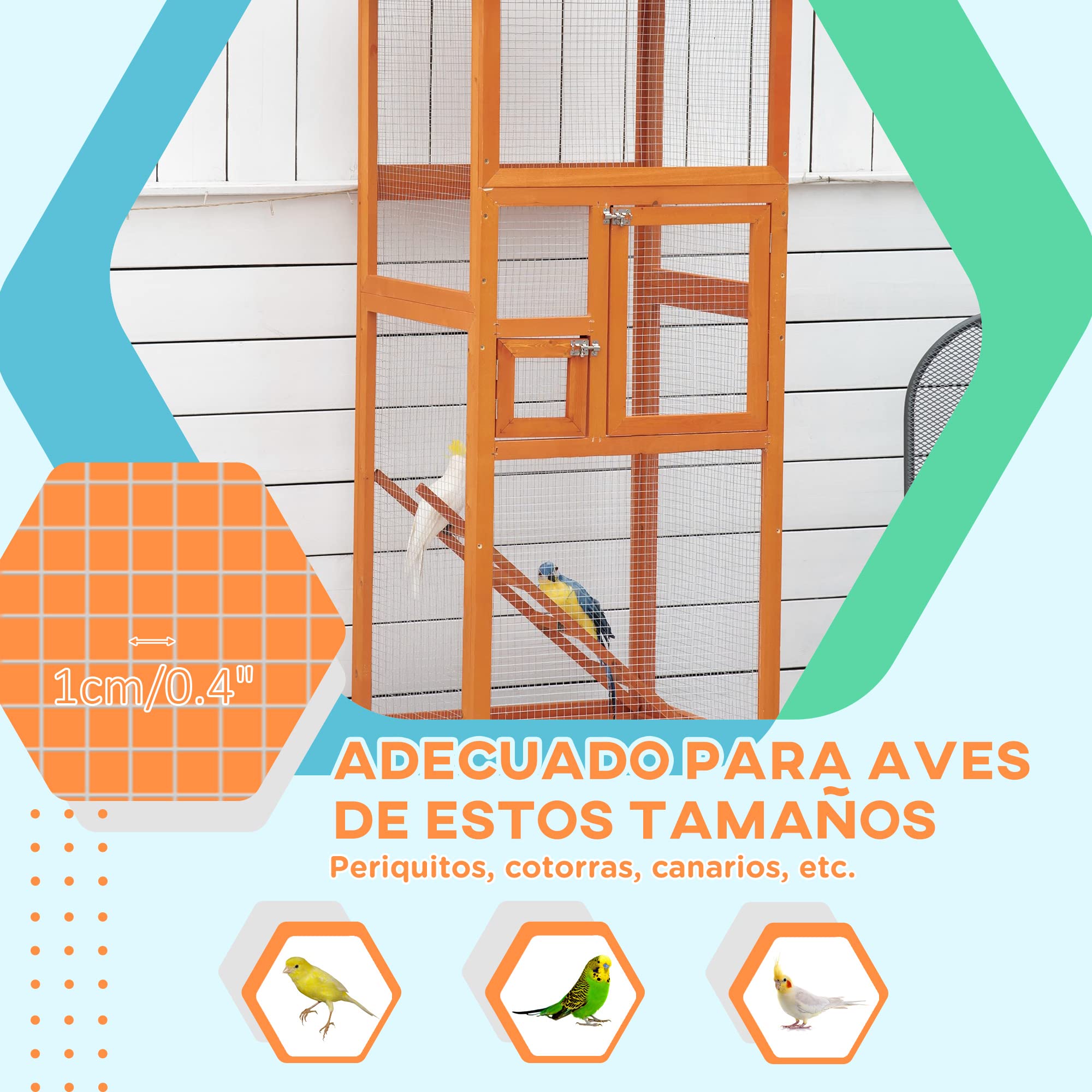 PawHut Jaula para Pájaros Grande 68x63x165 cm Madera | Pajarera de Madera de Abeto, 2 Puertas, Bandeja Extraíble, Techo Asfáltico