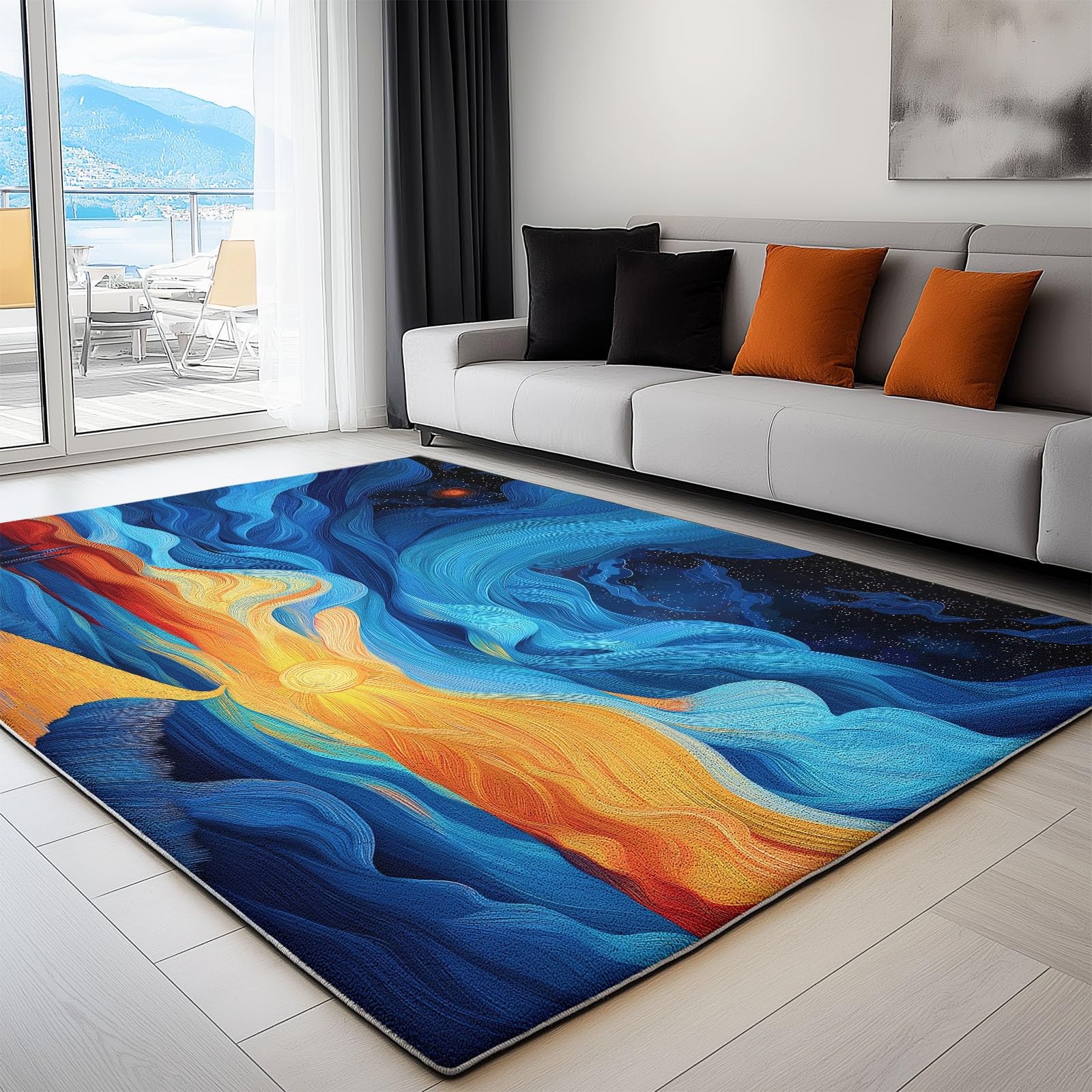 Abstrakcyjny dywan z zachodem słońca gwiaździste niebo 120 x 170 cm - Wycieraczka do drzwi do wnętrz i na zewnątrz Dywan ciemnoniebieski antypoślizgowy i pyłoszczelny wodoodporny dywan wejściowy
