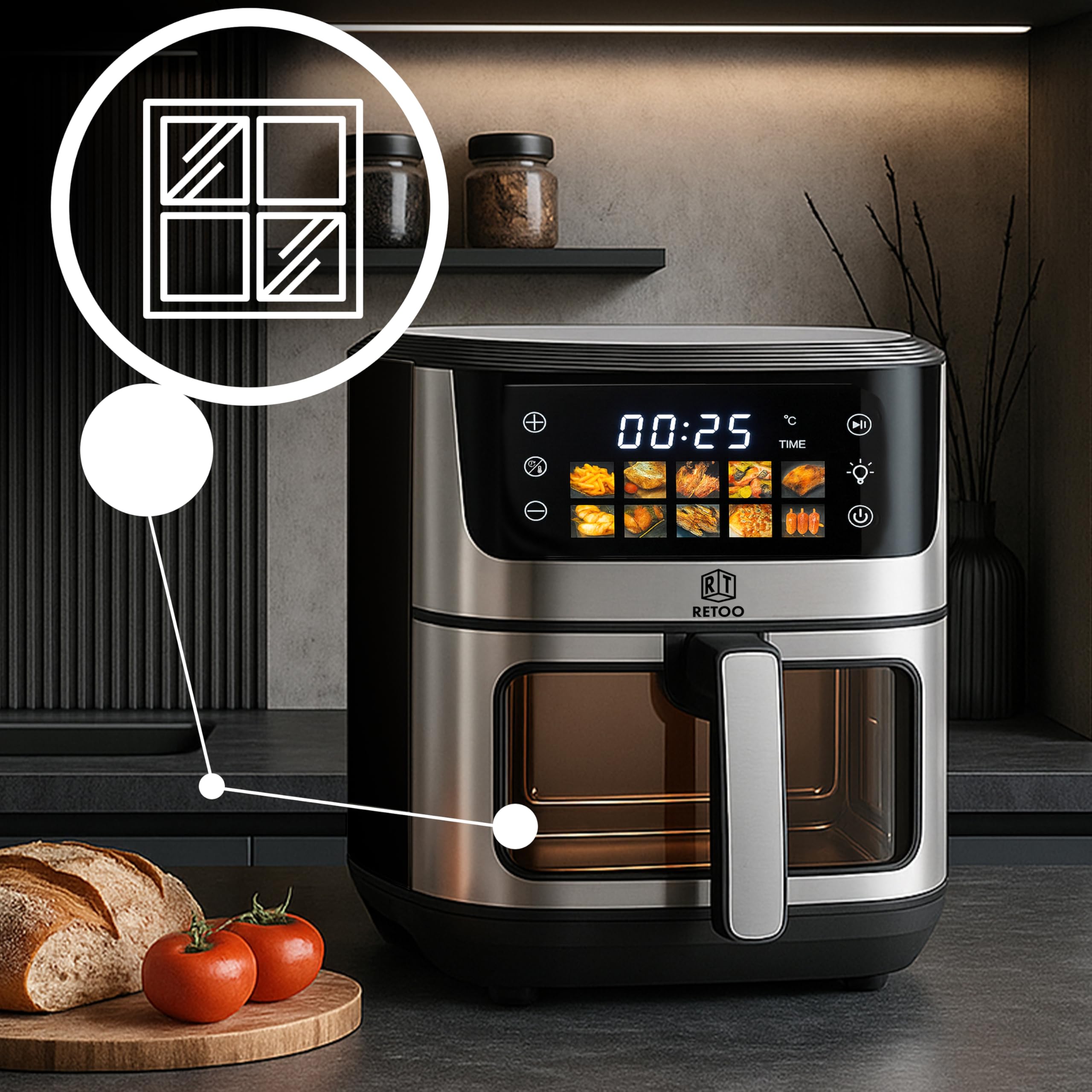 Retoo Frytkownica na gorące powietrze, 5,5 l, 1500 W, 7 programów, frytkownica na gorące powietrze, maks. 200°C, do 90% mniej tłuszczu, touchpad, frytkownica bez oleju, dieta i cyfrowa, wykończenie ze