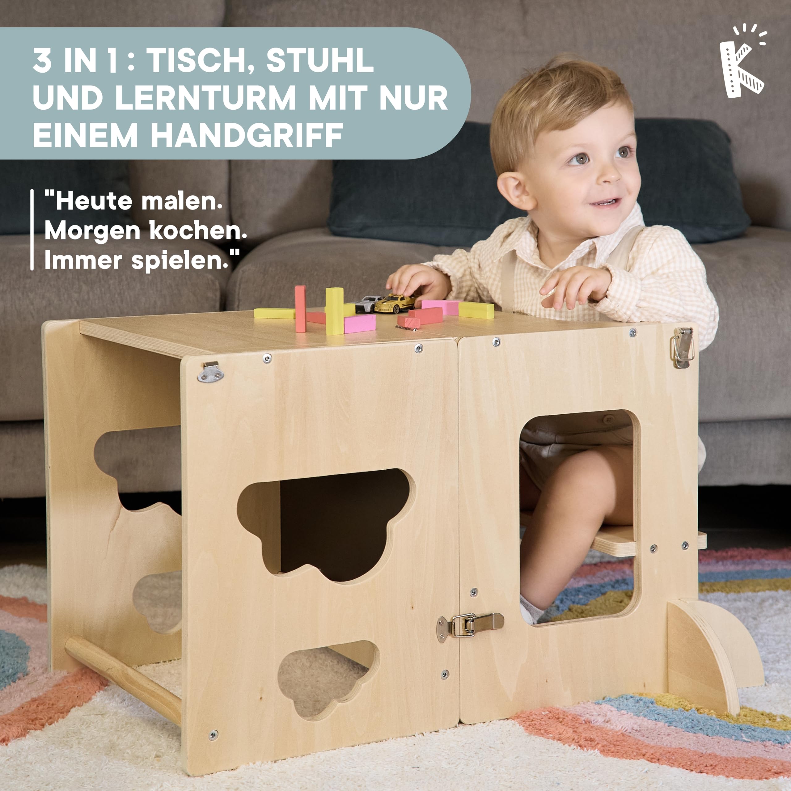 Lernturm ab 1 Jahr Klappbar mit Tafel – 3-in-1 Montessori Learning Tower, Tisch & Stuhl – Höhenverstellbar, Kippsicher, Birkensperrholz – Lernturm Kinder Küche bis 75 kg (Naturholz)