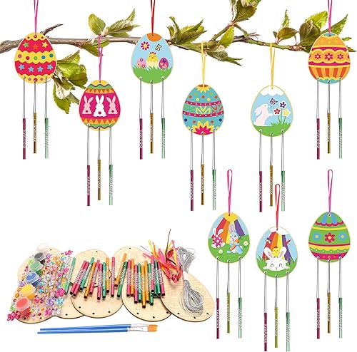 KATOOM Paquete de 9 carillones de viento para niños, kits de manualidades de huevos de Pascua, campanillas de viento, adornos de huevo de madera sin