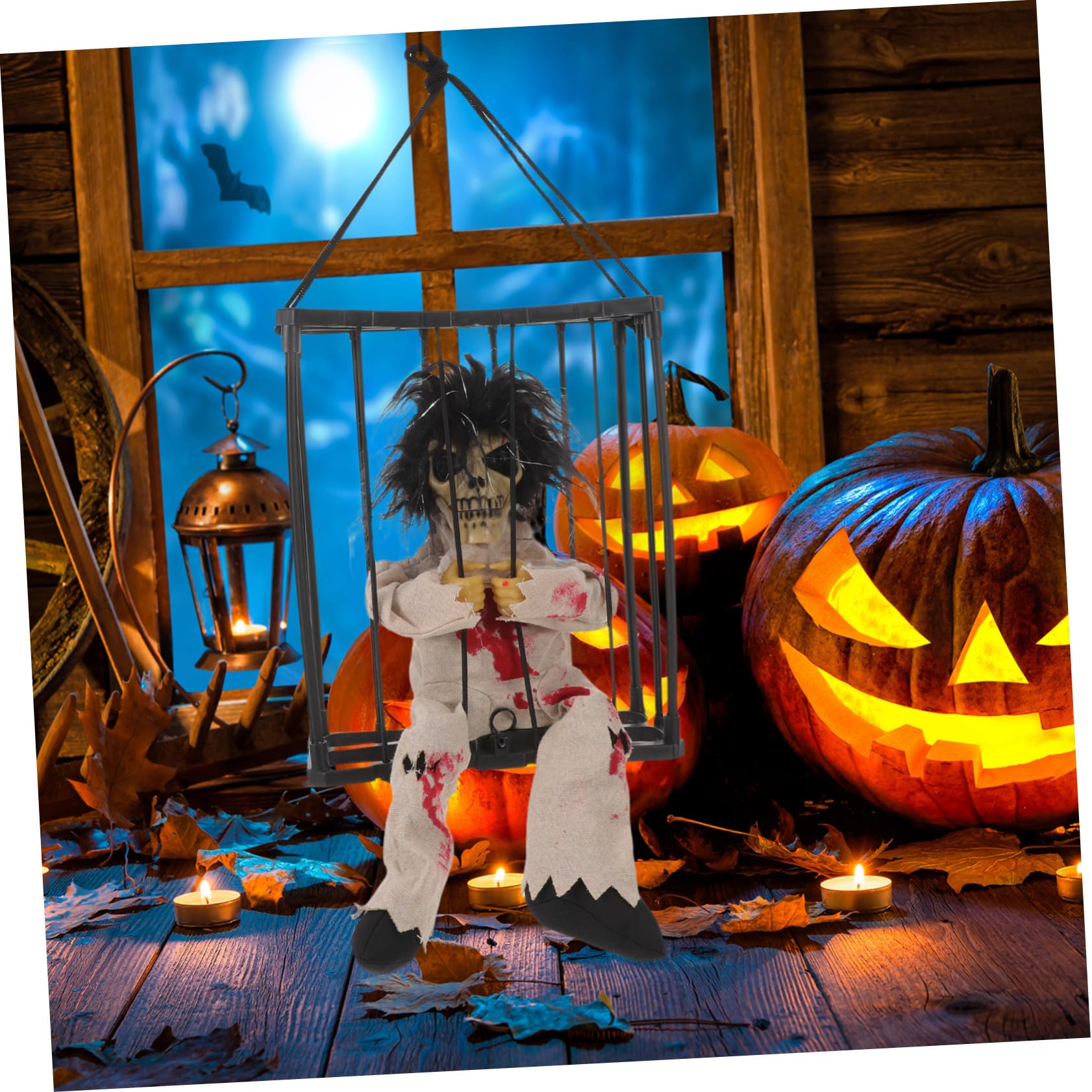 Decorazione Halloween Animata Scheletro Gabbia con Suono Spettrale Sensore Attivato Fantasma Appeso Leopardo per Interni ed Esterni Ornamento Illuminato e Spaventoso