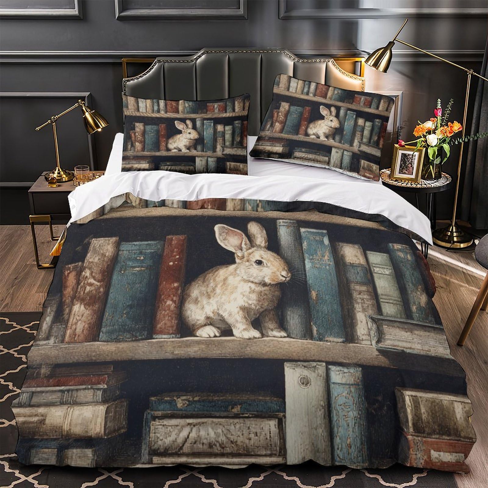 Parure de Lit 3D Lapin Bibliothèque Housse de Couette Haute Densité