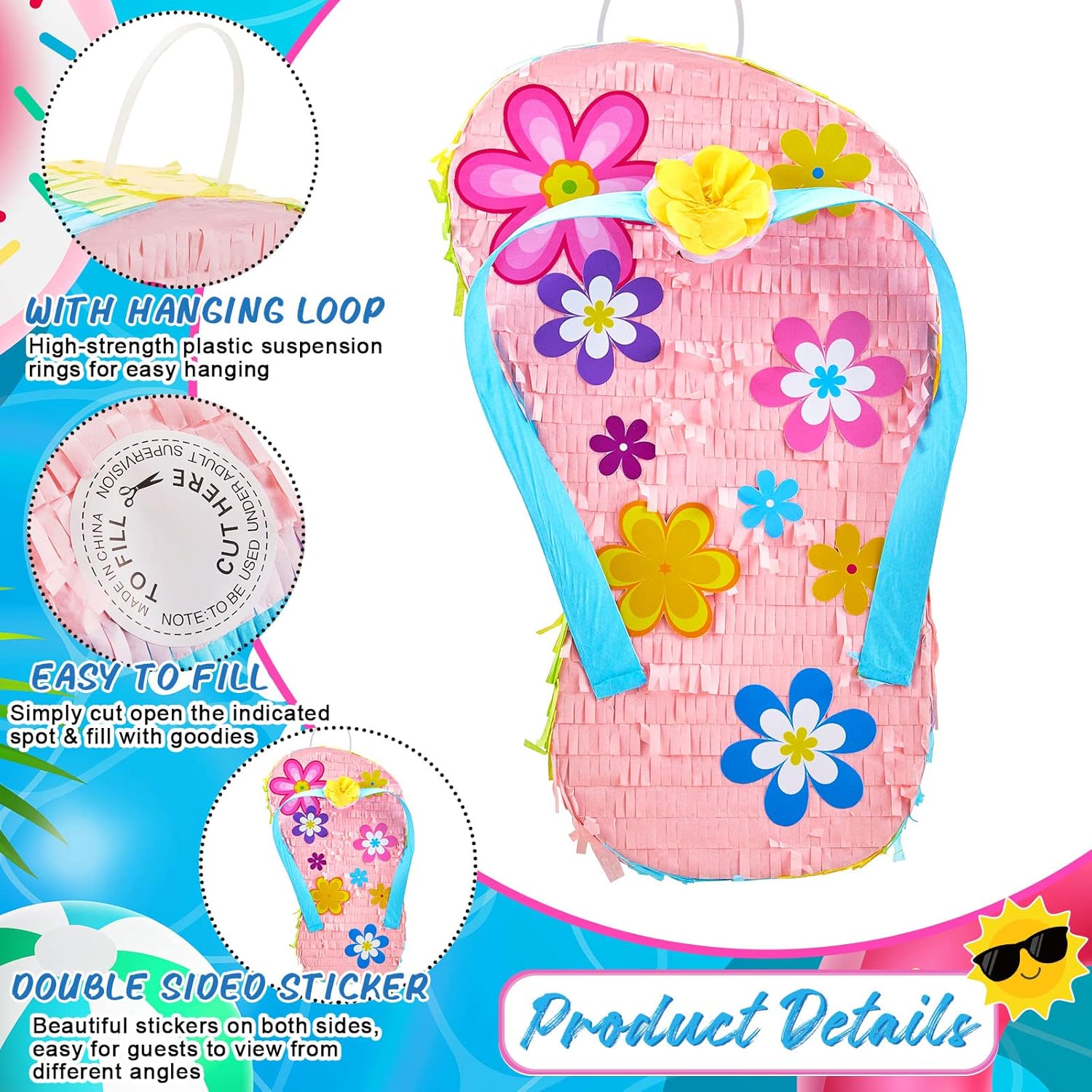 Sotiff 17" Flip Flop Piñata Summer Luau Piñata for Summer Pool Birthday Party Baby Shower Decorations Party Supplies with Stick Eye Mask Confetti