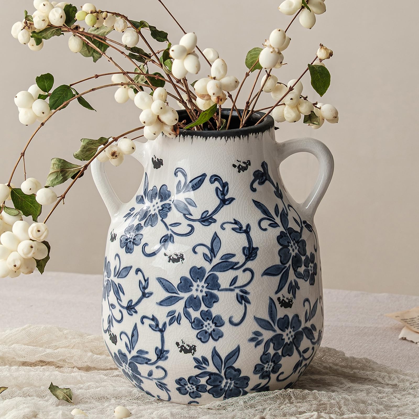 Blue and White Vintage Round Flower Vase with 2 Handles Chinoiserie Floral Vase Retro Ice Cracked Ceramic Large