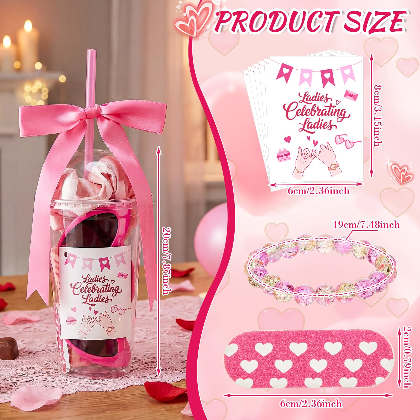 60 Pcs Galentine's Day Gift Include Pink Scrunchies Hair Clips Heart Sunglasses Bracelets Compact Mirrors Nail File Gift Cups and Straw Greeting Cards for Women Friend Bestie Valentine Party Favors