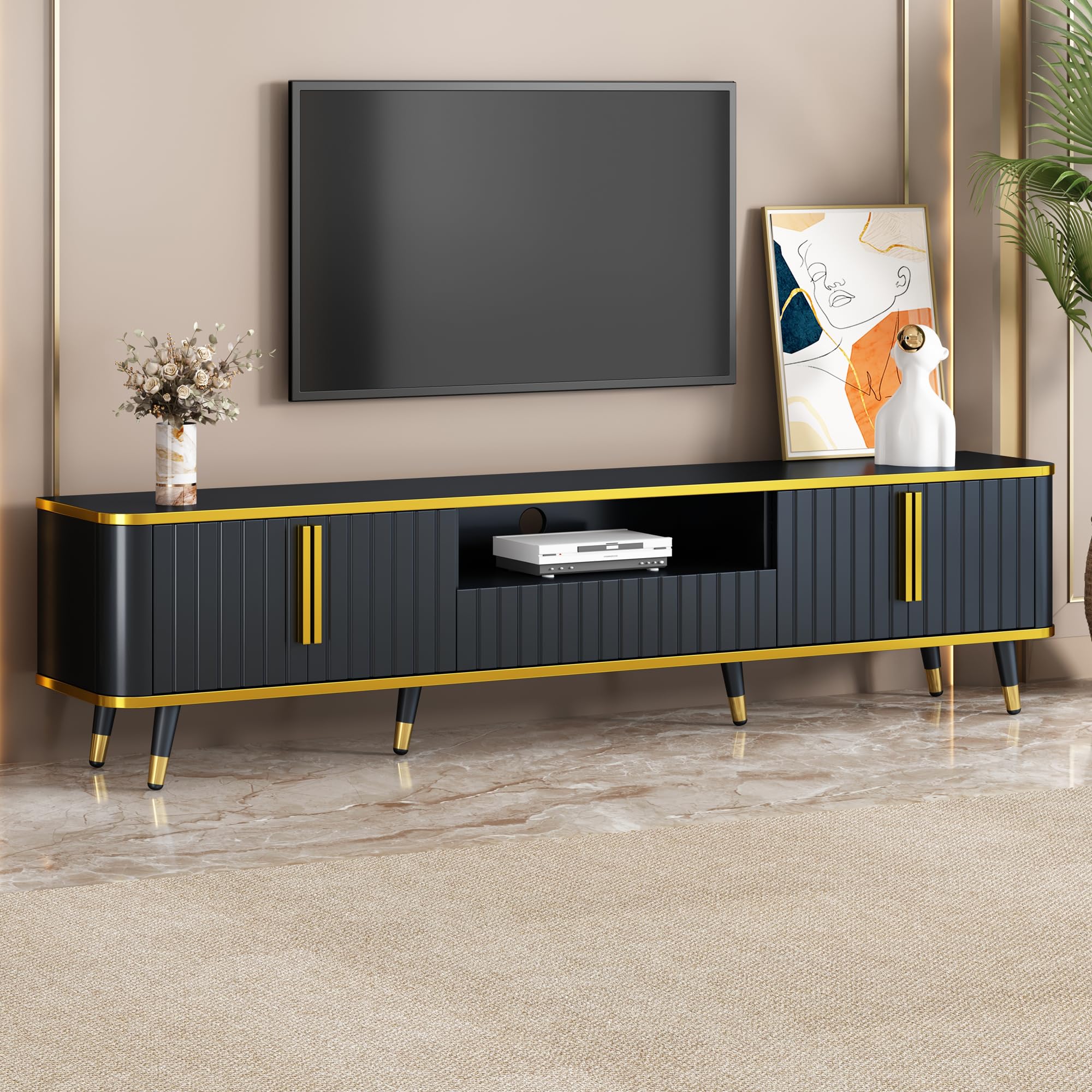LUMISOL Modern TV Stand for 85"+ TV, Fluted Entertainment Center with Storage Drawer & Cabinets & Shelves, Curved TV Console with Gold Metal Legs for