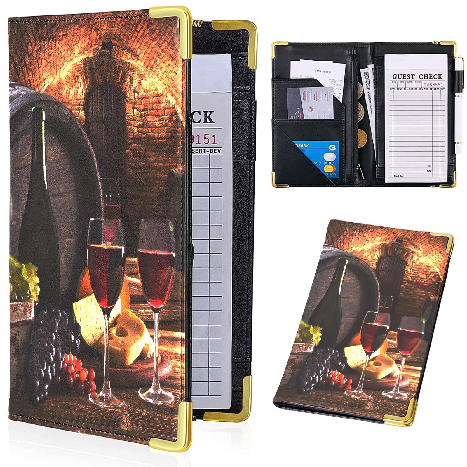 Wine Cellar Server Books for Bartender Waiter- Red Wine Barrel Leather Waiter Book Server Wallet Purple Grape,Bottle Waitress Book&Waitstaff Organizer with Zipper Money Pocket Fit Server Apron (Red)