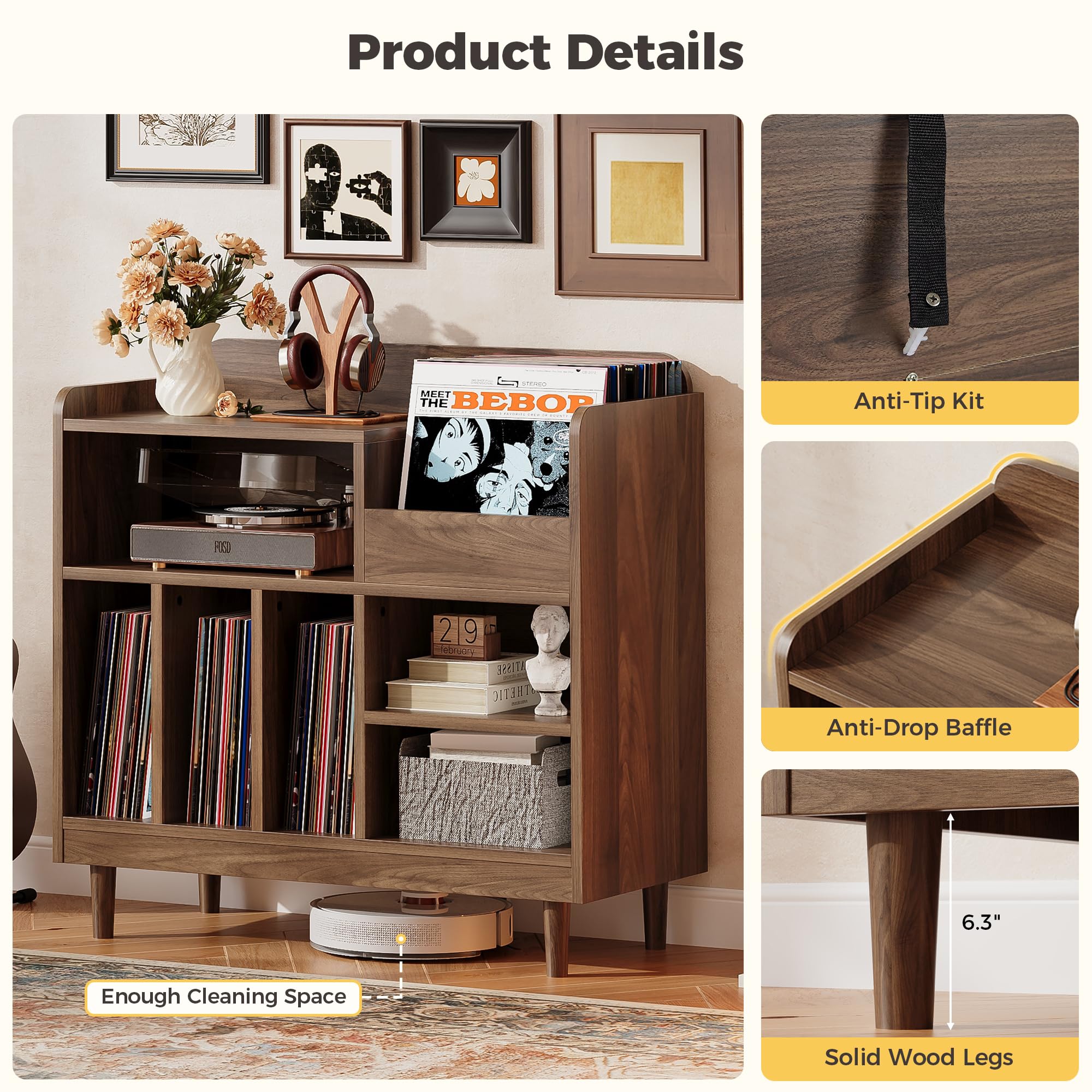 IRONCK Grand Support de Tourne-Disque avec Station de Charge - Rangement en Vinyle pour 300 Albums - Armoire à disques à 3 Niveaux avec séparateurs - Étagère Moderne pour Salle de Musique - Marron