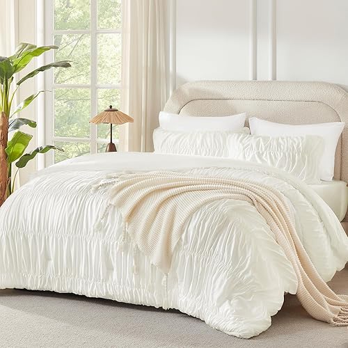Andency Ruched Ivory Queen Size Comforter Set, Shabby Chic Pleated
