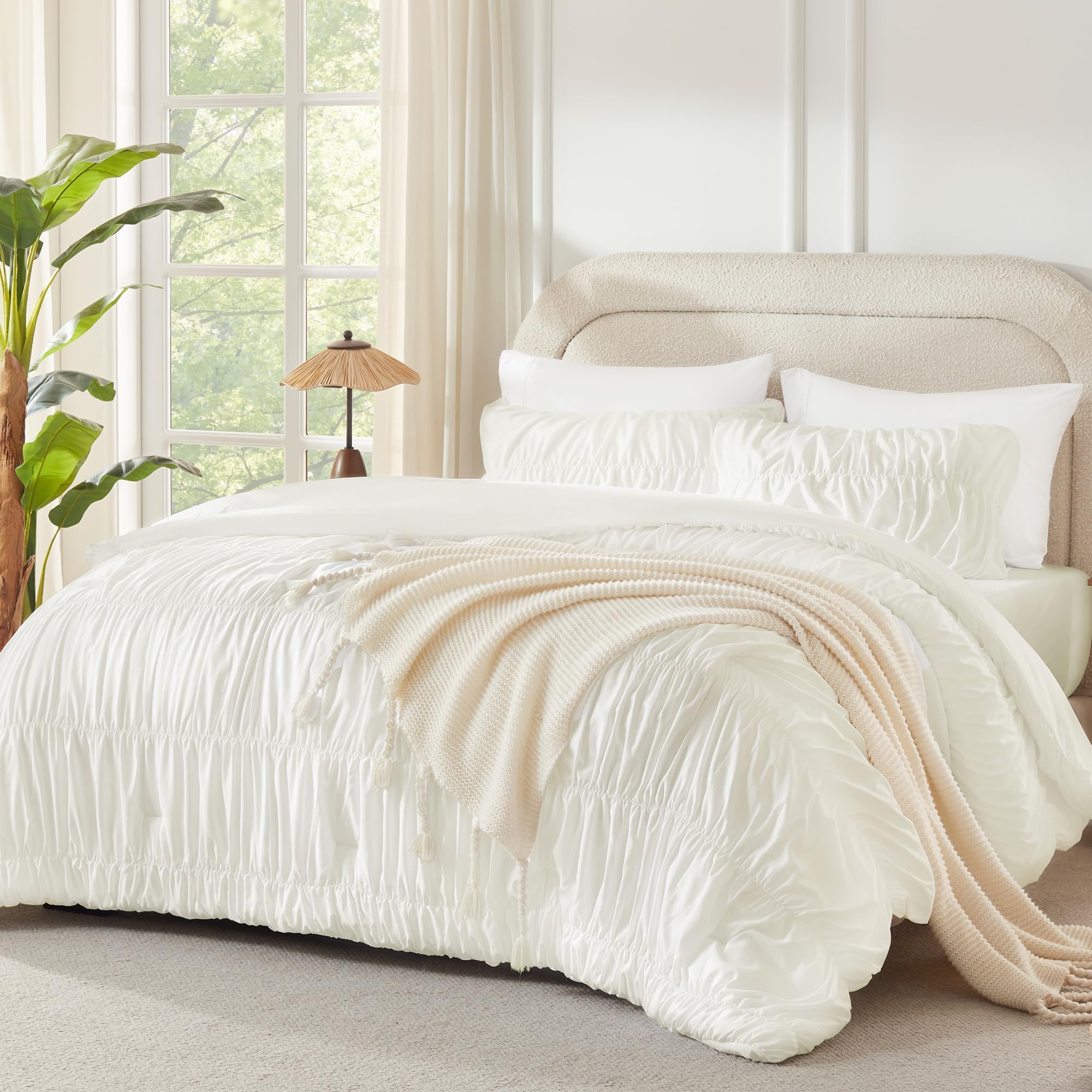 Andency Ruched Ivory Oversized Queen Size Comforter Sets, 3 Pieces Bedding
