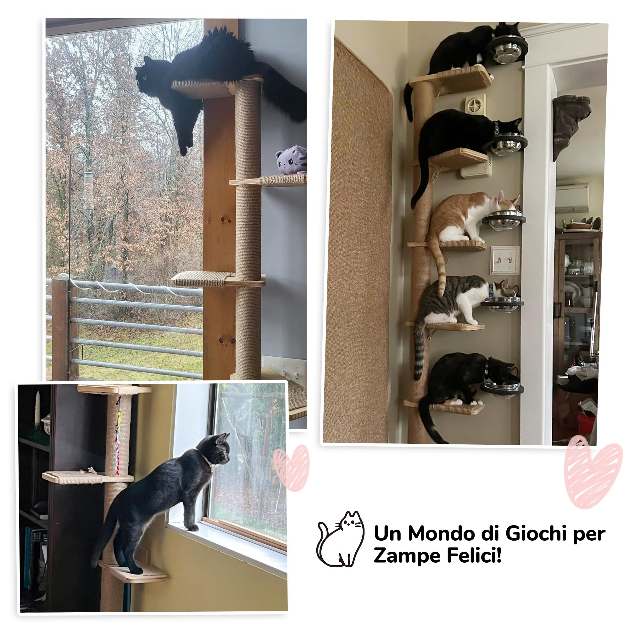 FUKUMARU Torre Tiragraffi per Gatti Alto (205CM), Mensola da Parete a 5 Livelli, Legno Massiccio e Iuta, Gradini per Arrampicare, Graffiare, Giocare