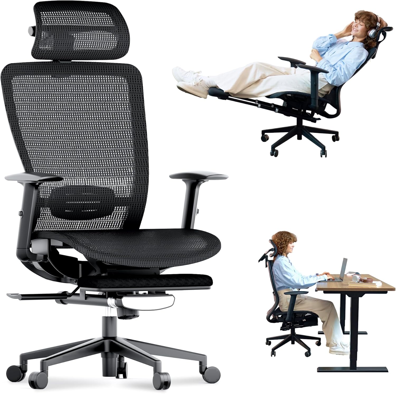 FLEXISPOT Ergonomic Workplace Chair, Mesh Swivel Laptop Chair, House Workplace Desk Chairs, with 4D Headrest/Lumbar Assist/23in Retractable Footrest/500LBS Heavy Obligation Black OC3