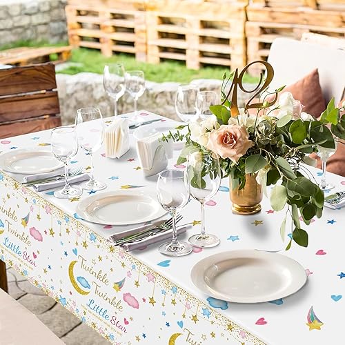 Miniatura 7 de Oigco Paquete de 3 manteles de decoración para fiesta de revelación de género Twinkle Twinkle Little Star, mantel de revelación de género de