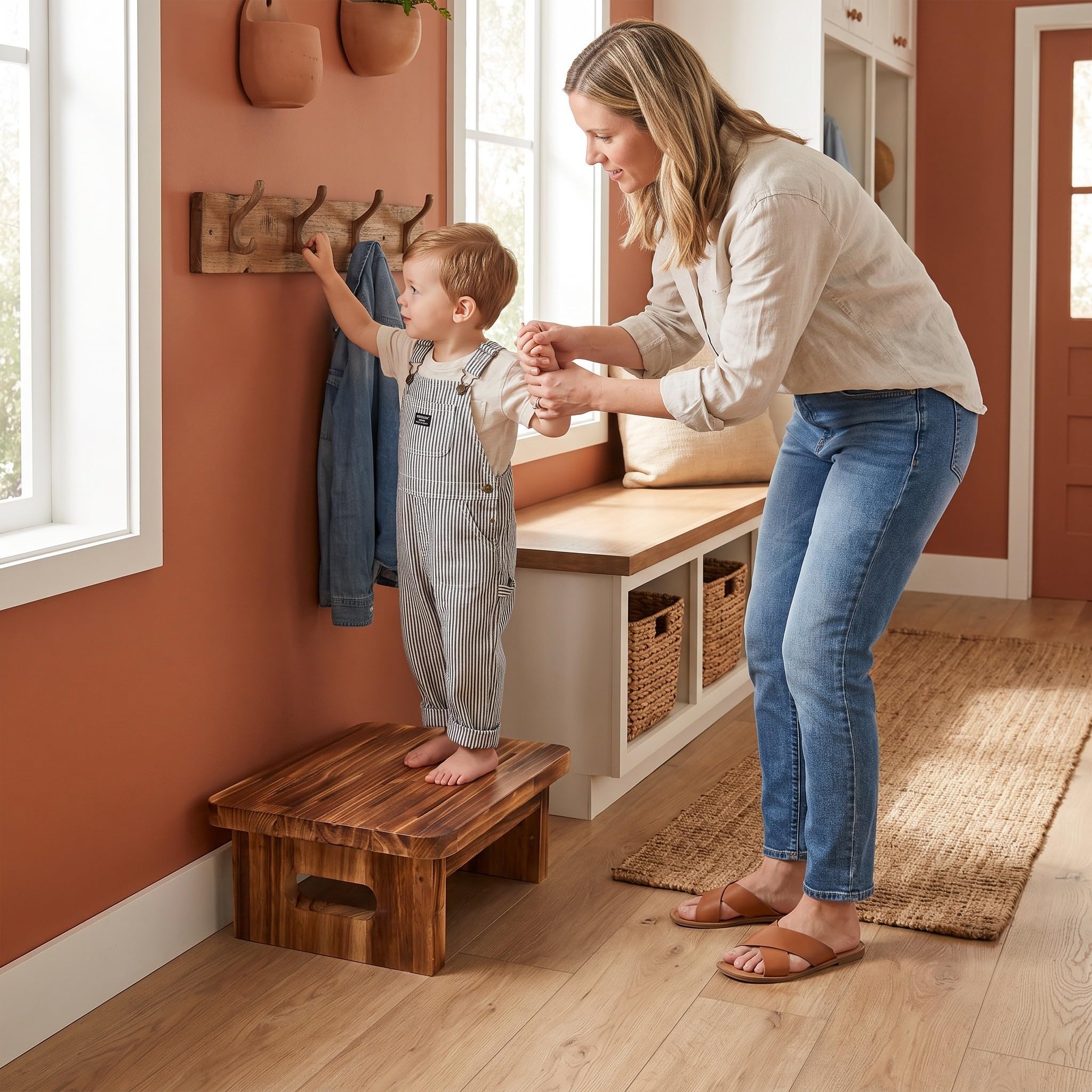 INOOMP Taburete Madera Marrón, Rectangular, para Baños y Dormitorios