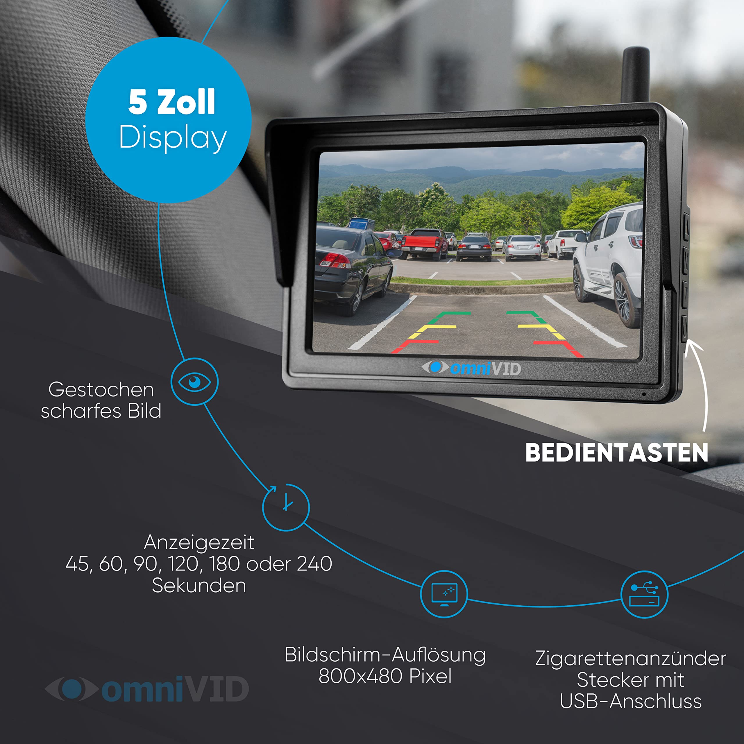 omniVID® Solar6 Premium Solar 5 Zoll Rückfahrkamera-System mit Parksensoren, Kabellos mit 5 Zoll Monitor u. solarbetriebender Kamera zum Nachrüsten mit PDC, Montage ohne Bohren, IP67 wasserdicht | Kabellos mit solarbetriebener Kamera und PDC, ohne Bohren