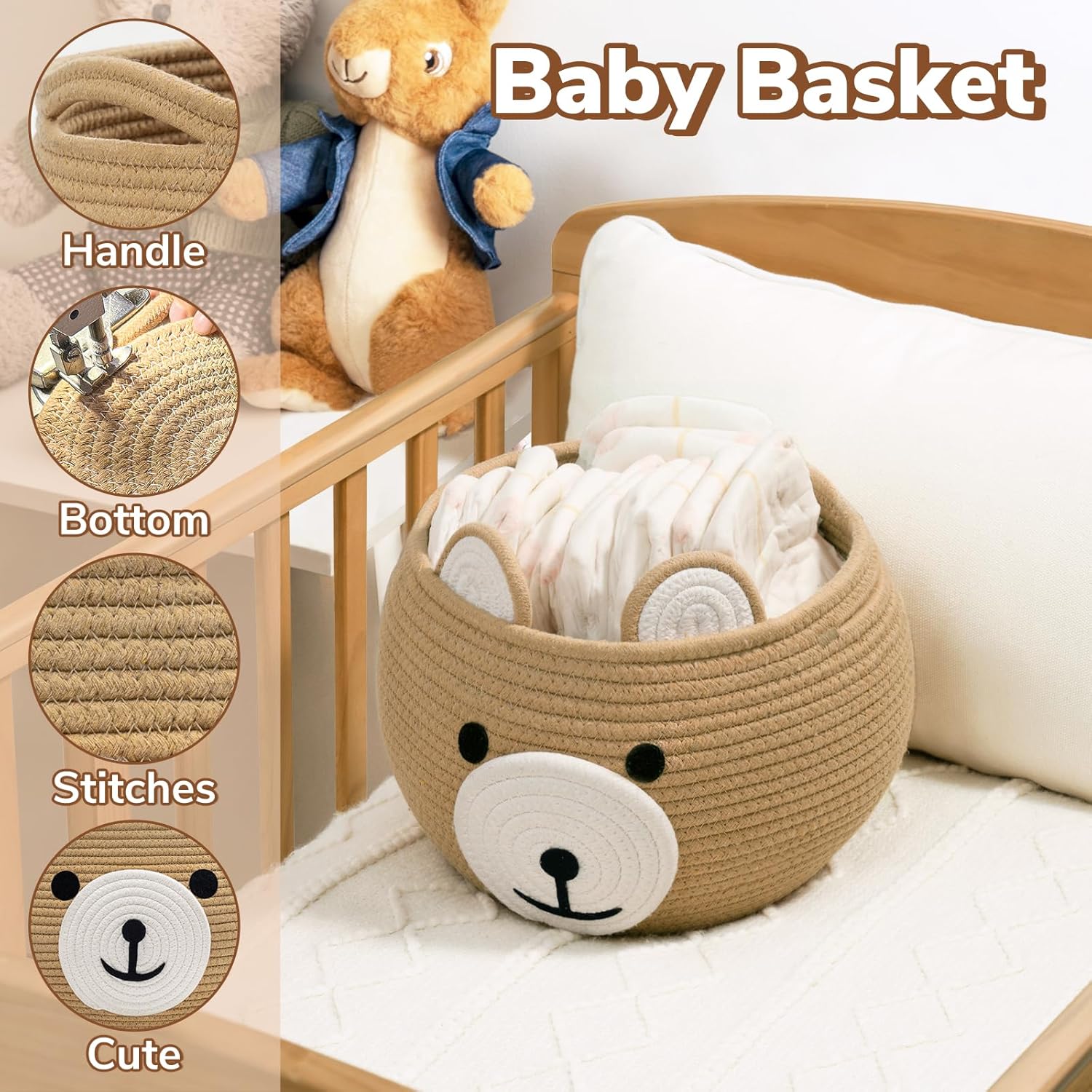 CherryNow Cotton Rope Baby Basket for Nursery, Bear Gift Baskets for Kids, Empty Baby Shower Basket with Handles, Small Cute Animal Baskets, Brown, 10.5"D x 8.5"H - Image 2