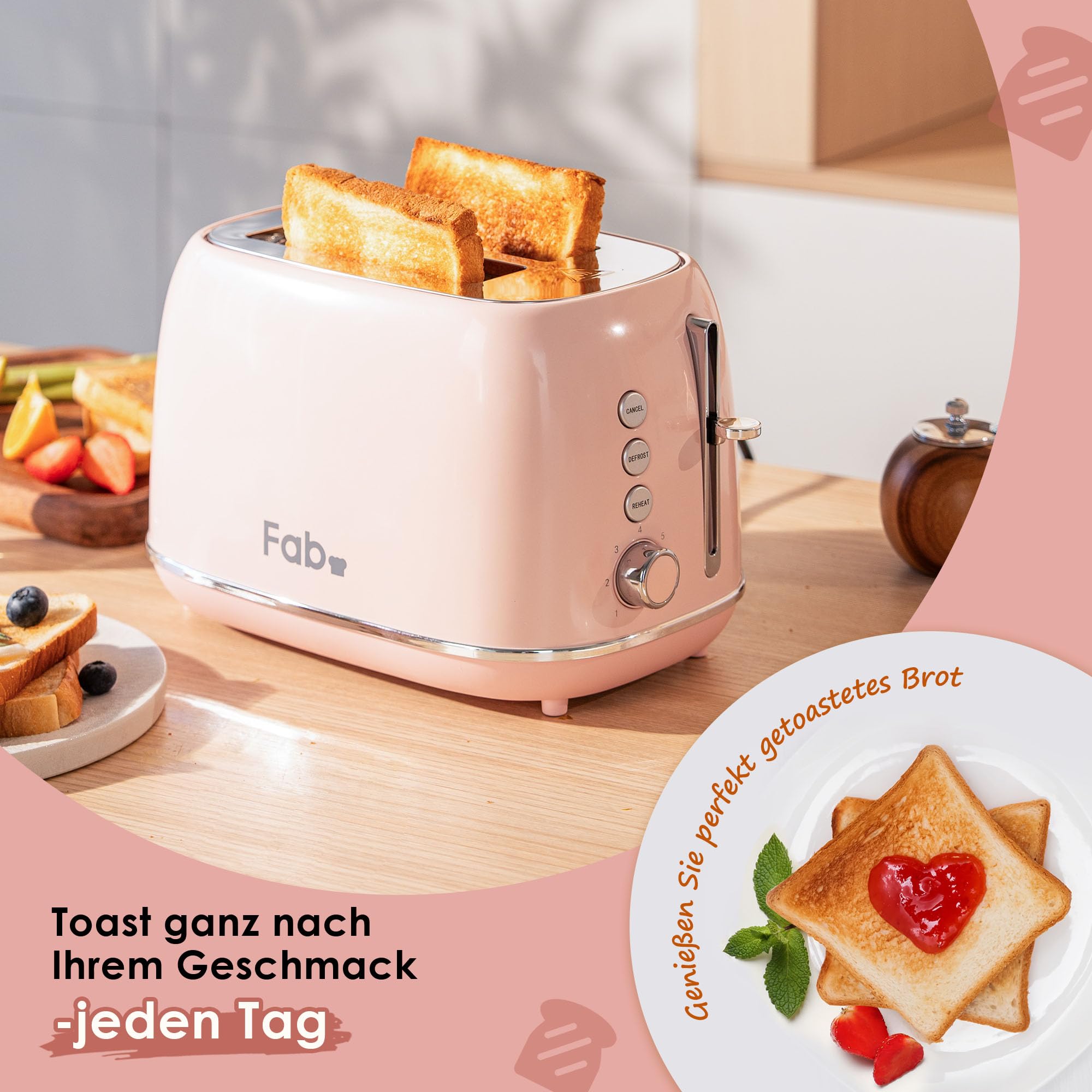 Fab by Kitchen in the box Rosa Toaster 2 Scheiben, Retro Toaster aus Edelstahl mit breiten Schlitzen und 7 Bräunungsstufen