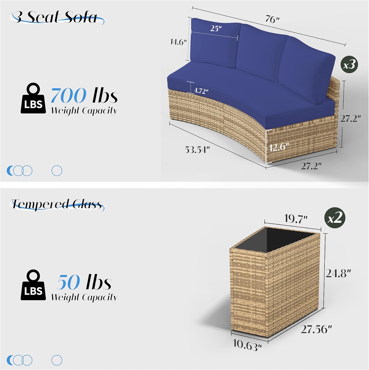 LUXOAK 11-Piece Wicker Patio Furniture Set with Storage Wedge Table, Waterproof Half-Moon Sectional Sofa with Cushions, Rattan Outdoor Conversation Set for Garden, Pool, Beach & Balcony, Blue