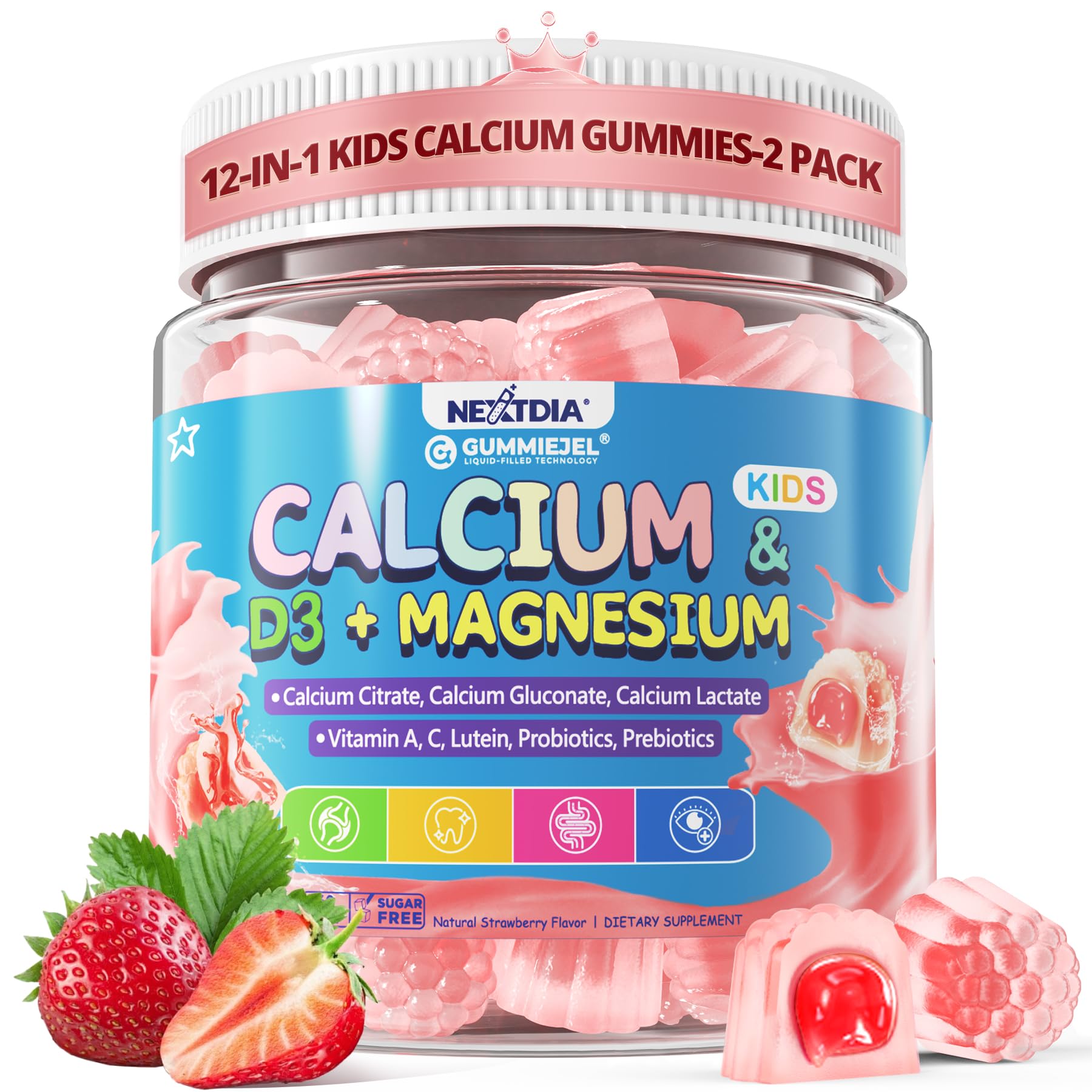 Kids Calcium Gummies + D3 & Magnesium for 4+, with Calcium Citrate Calcium Gluconate, Calcium Lactate,Probiotics & Prebiotics for Children Bone Health