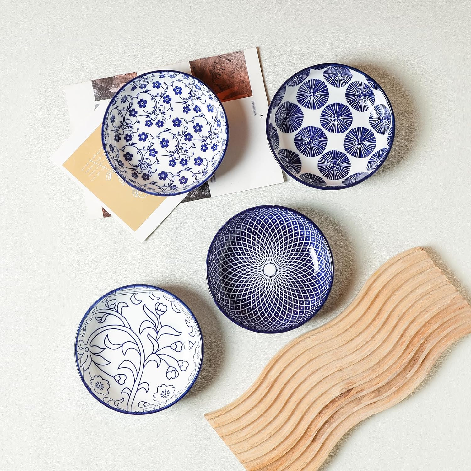 Selamica Ceramic Cat Food Bowl Set of 4, 5.6 Inch Wide Shallow Cat Bowls/Dishes for Food and Water, Vintage Blue