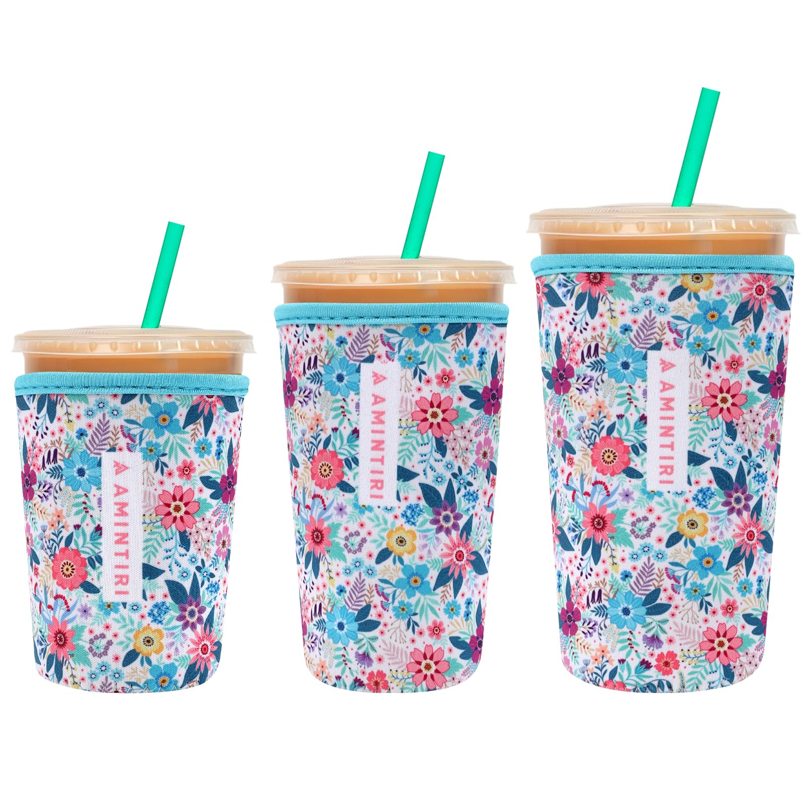 Amintiri Reusable Insulator Neoprene Sleeve for Iced Coffee &amp; Cold Soda (Garden In White)