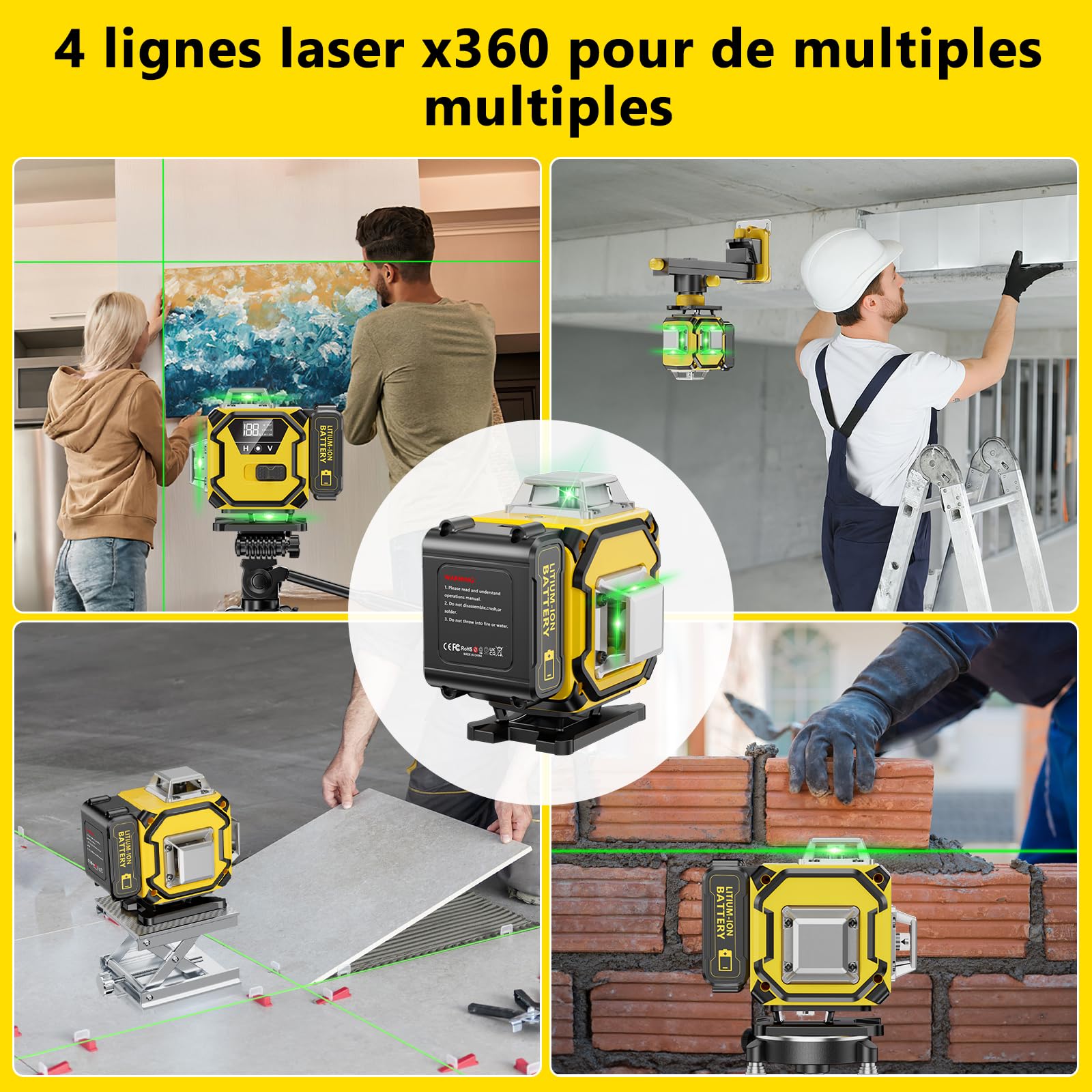 Niveau Laser Chantier Autonivelant 360° x 4, Lazer Niveaux 4D 16 Lignes Laser, Autonivellement et Mode Pulsé Extérieur, 2 x Batterie, Nivellement Automatique, Support Rotatif, Télécommande