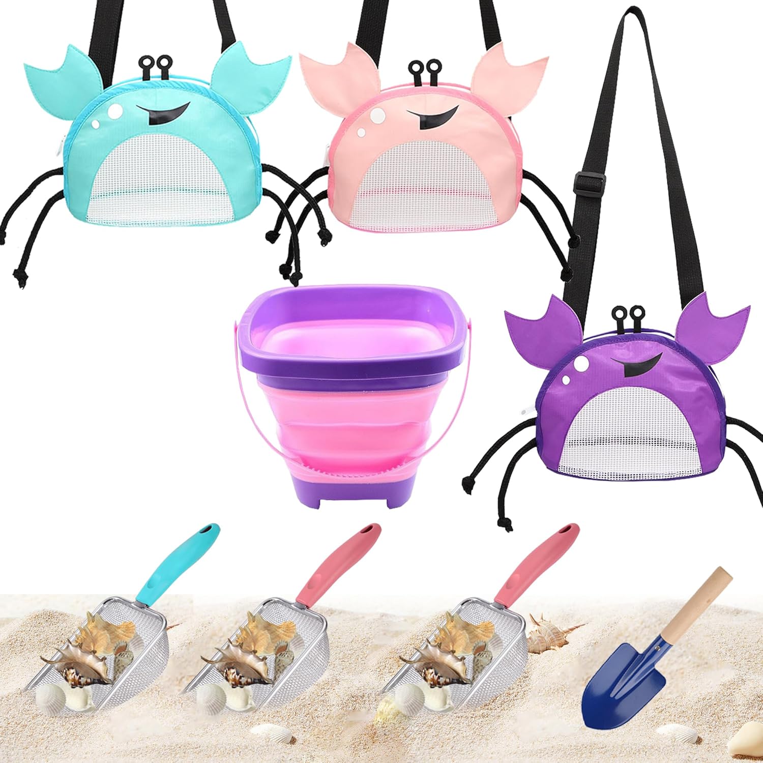 4PCS Beach Toy Mesh Shovel and Mesh Beach Bag Seashell Bag,for Sand Filter & Collect Shells,Sand Sifter Shell Collecting Tools(Blue-Pink Crab,Purple Crab)