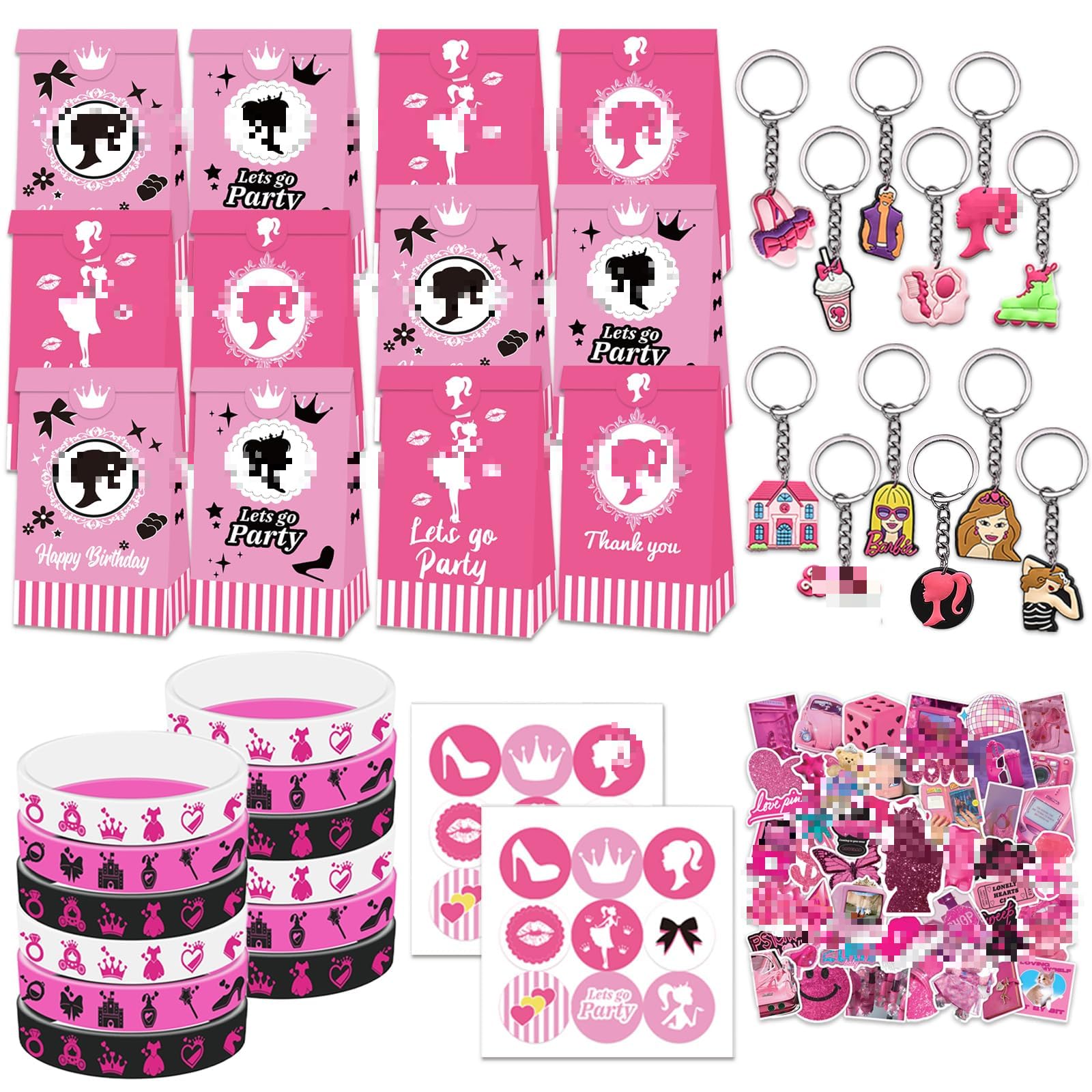 Kit Anniversaire Rose Barbie – 12 Bracelets, Porte-clés, Sacs Cadeaux Et Tatouages Pour Fille – Cadeau De Fête